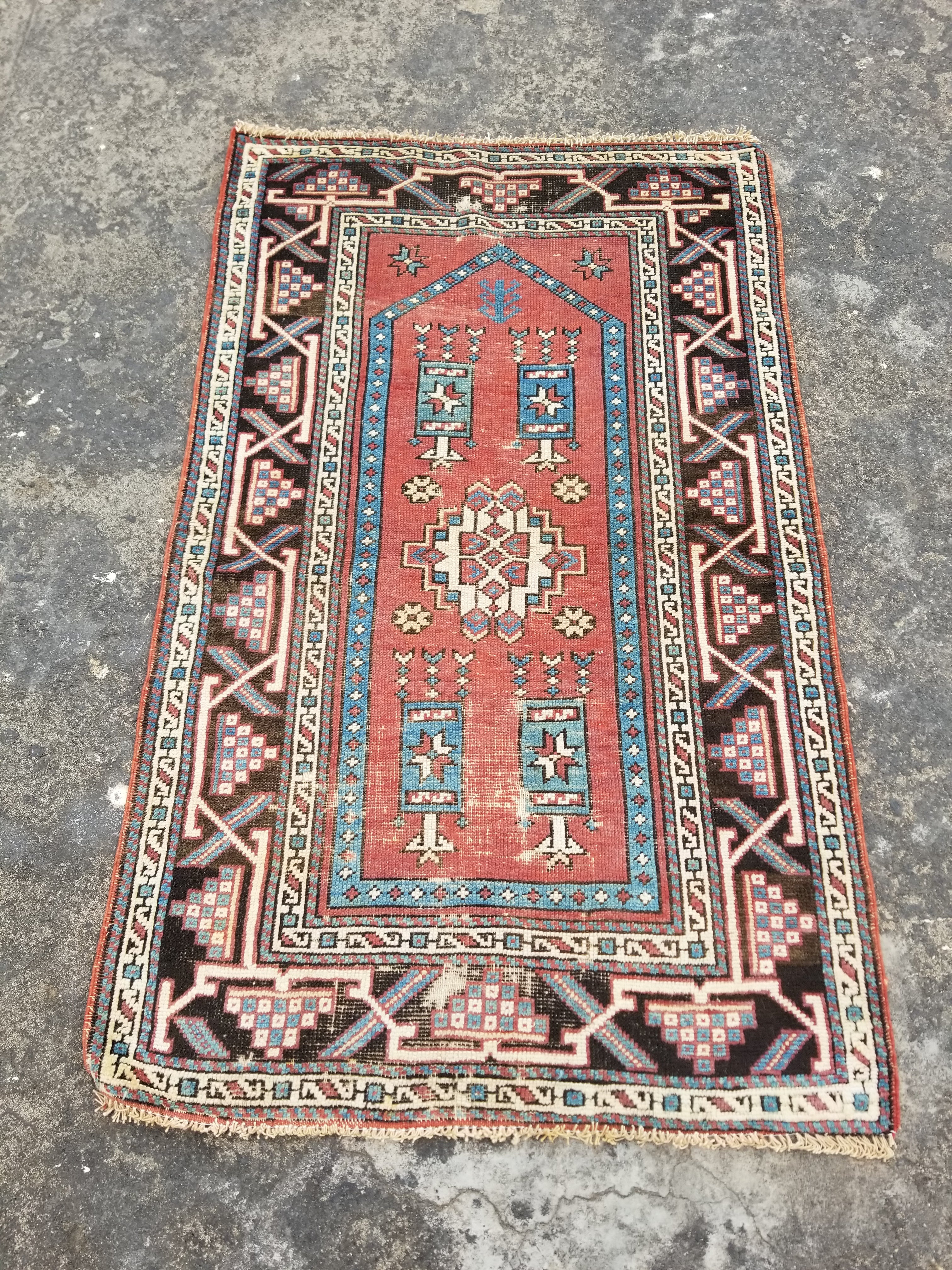 Distressed Vintage Handmade Caucasian Wool Multicolor Rug 150x91cm