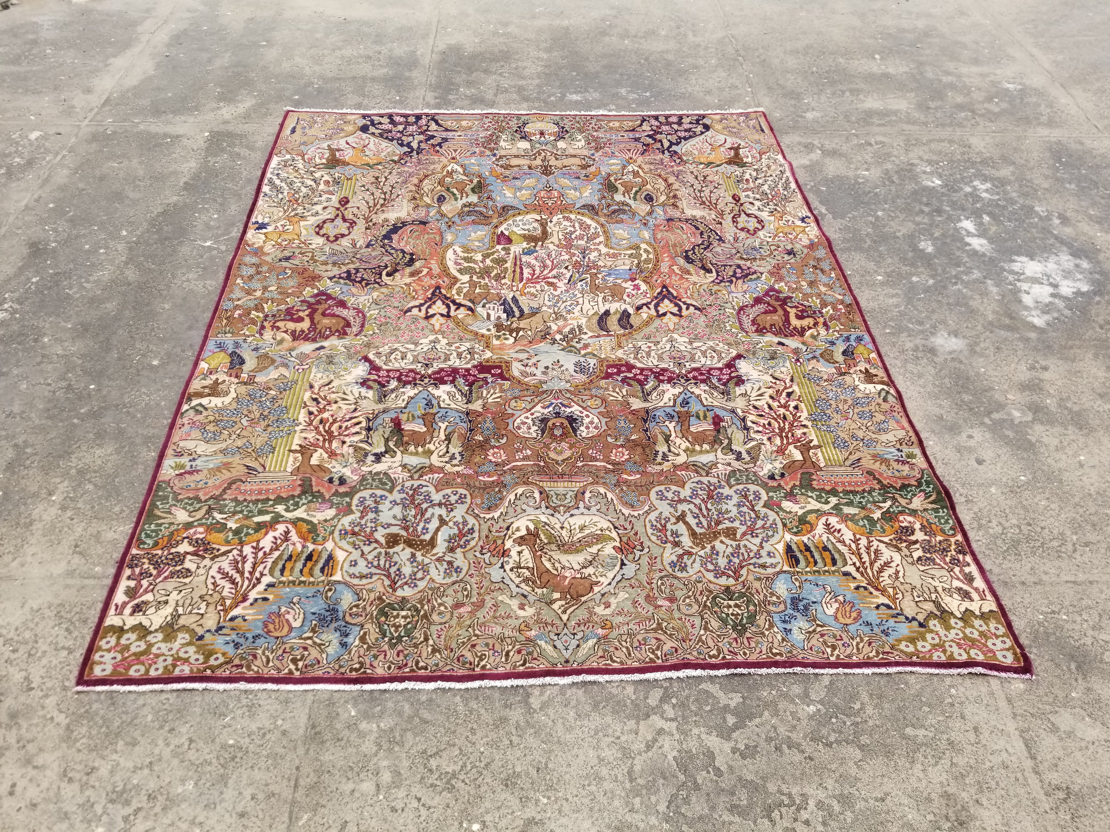 Vintage Traditional Handmade Figural Kashmar Wool Multicolor Carpet 383x302cm