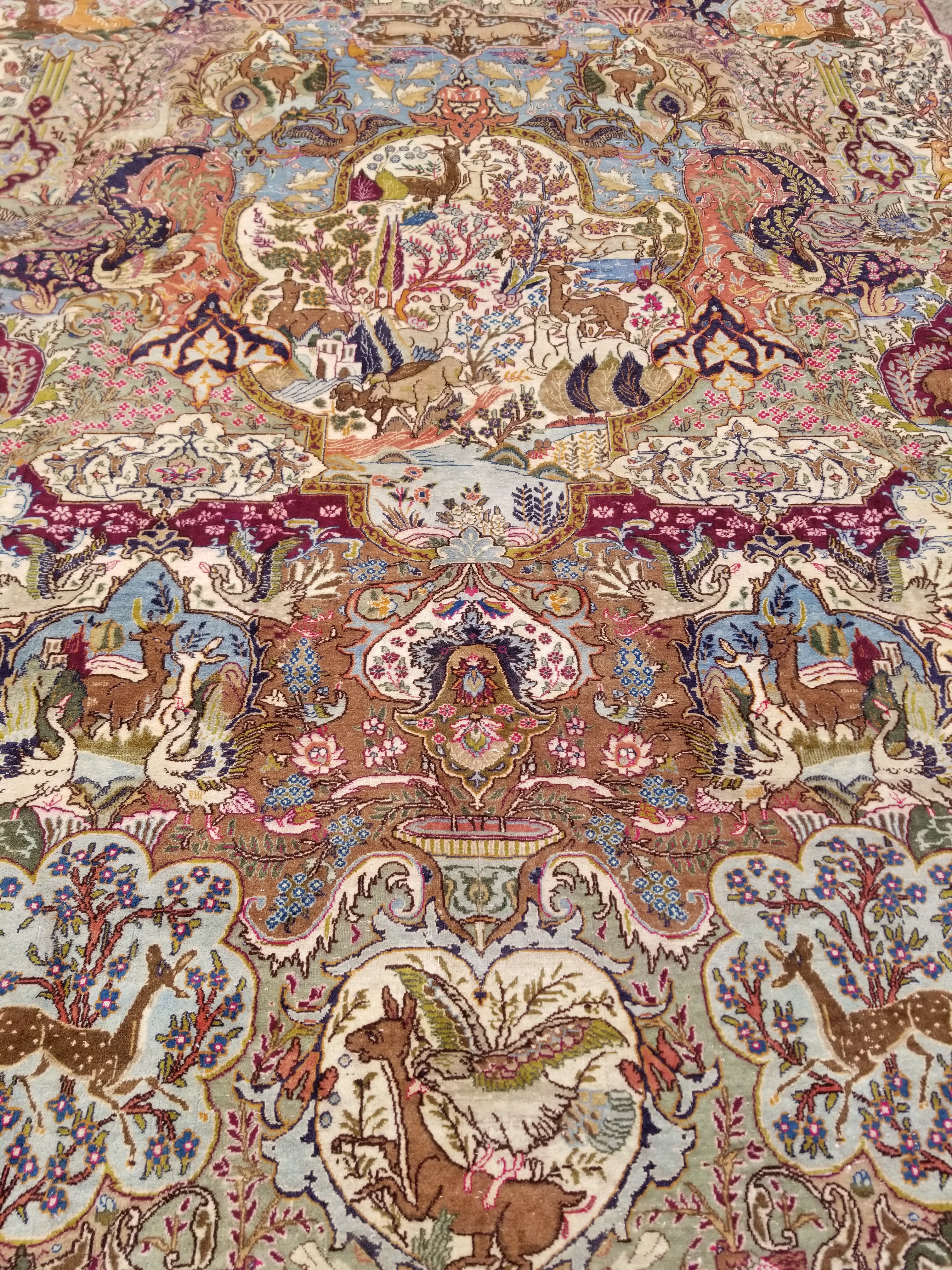Vintage Traditional Handmade Figural Kashmar Wool Multicolor Carpet 383x302cm