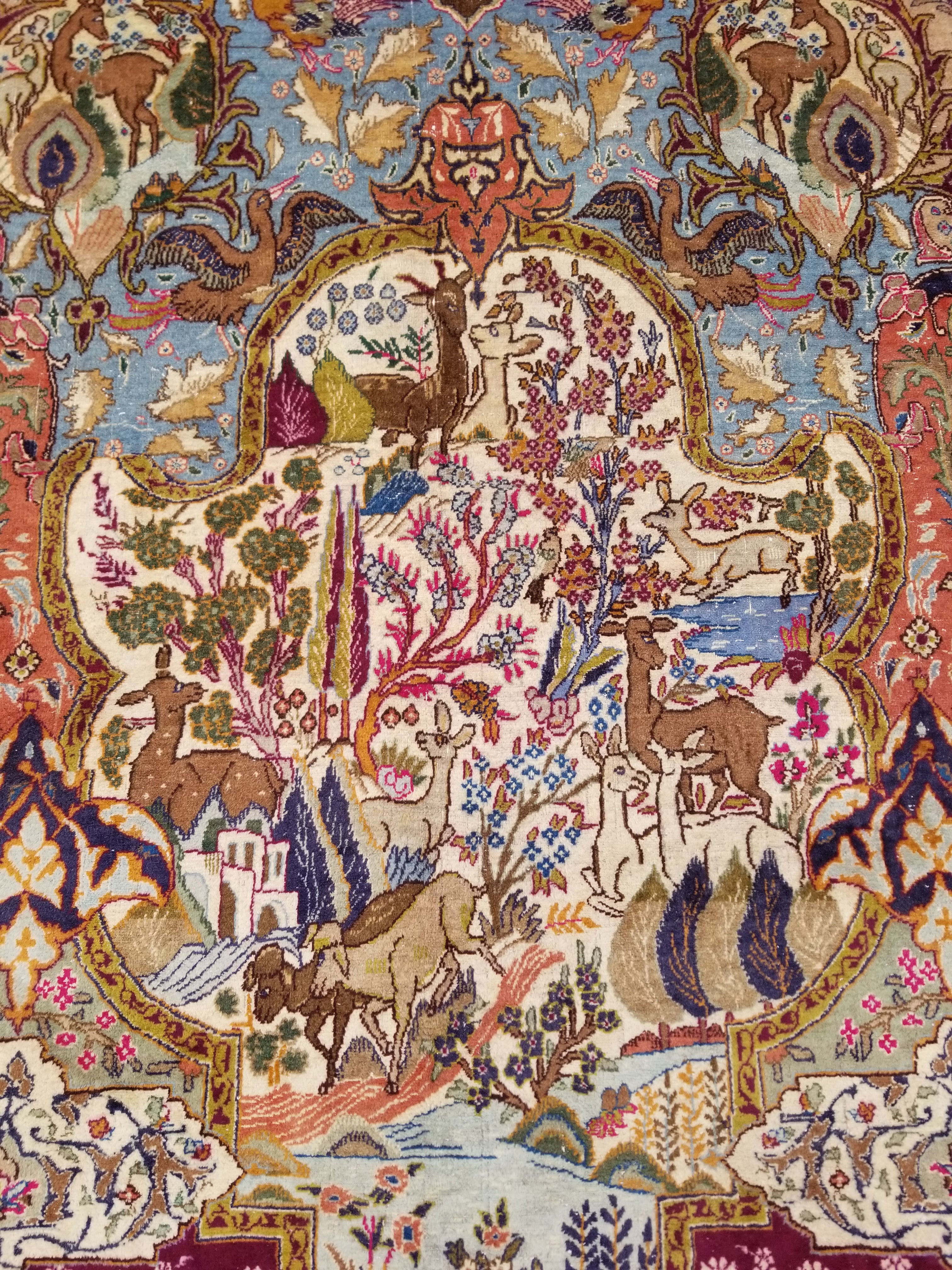 Vintage Traditional Handmade Figural Kashmar Wool Multicolor Carpet 383x302cm
