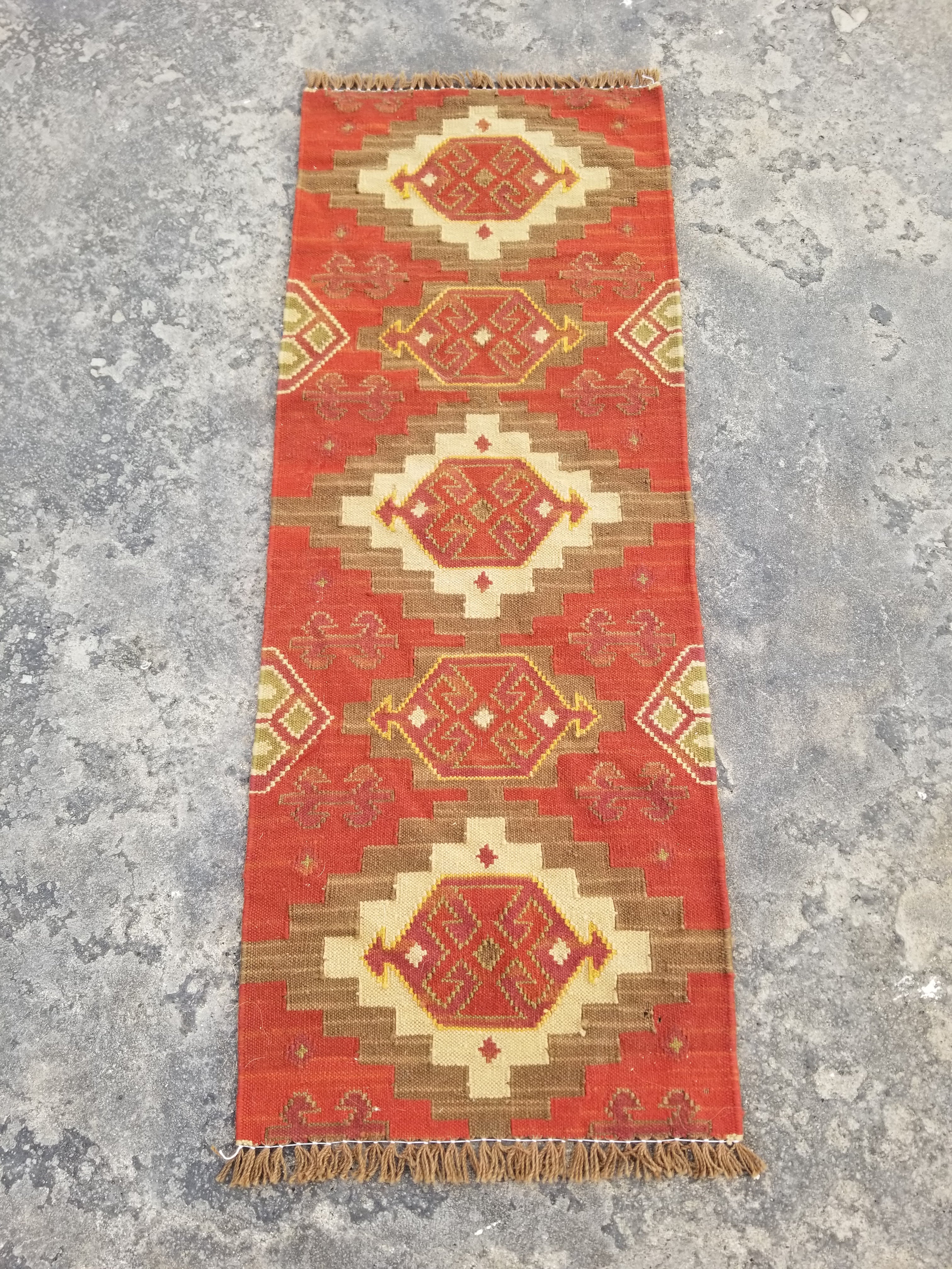 Vintage Traditional Handmade Kazak Style Wool Multicolor Kilim Runner 121x45cm