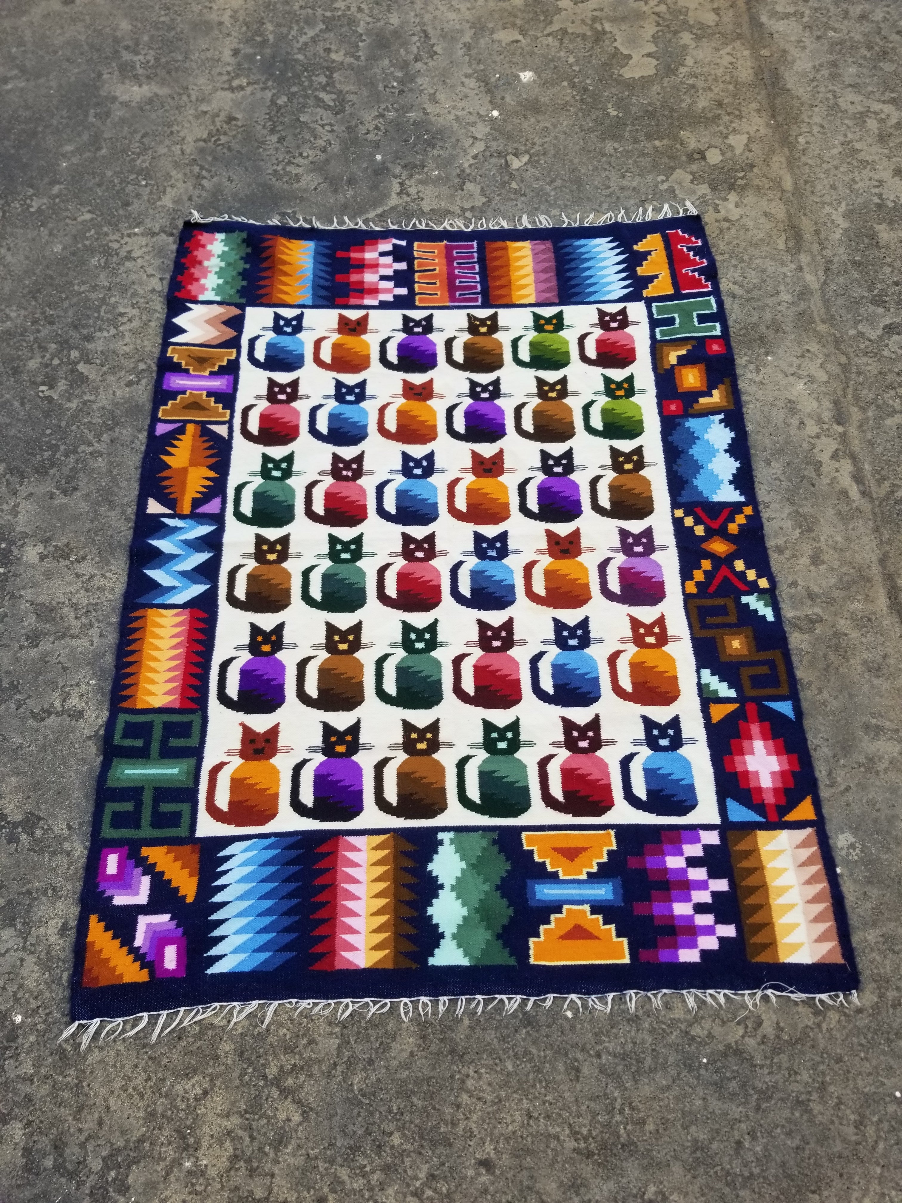 Vintage Peruvian Handmade Wool Folk Art Multicolor Kilim Tapestry 147x109cm