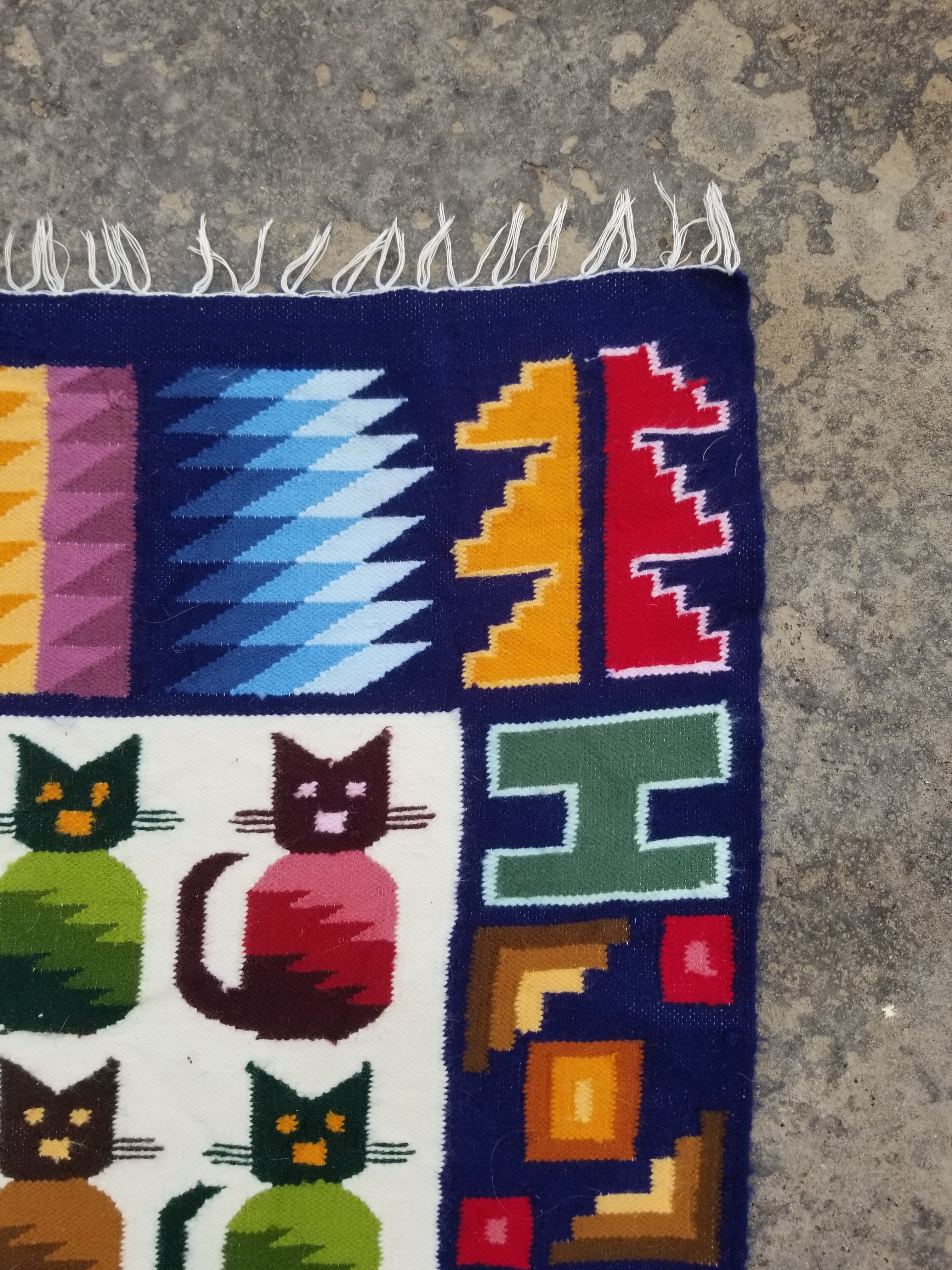 Vintage Peruvian Handmade Wool Folk Art Multicolor Kilim Tapestry 147x109cm