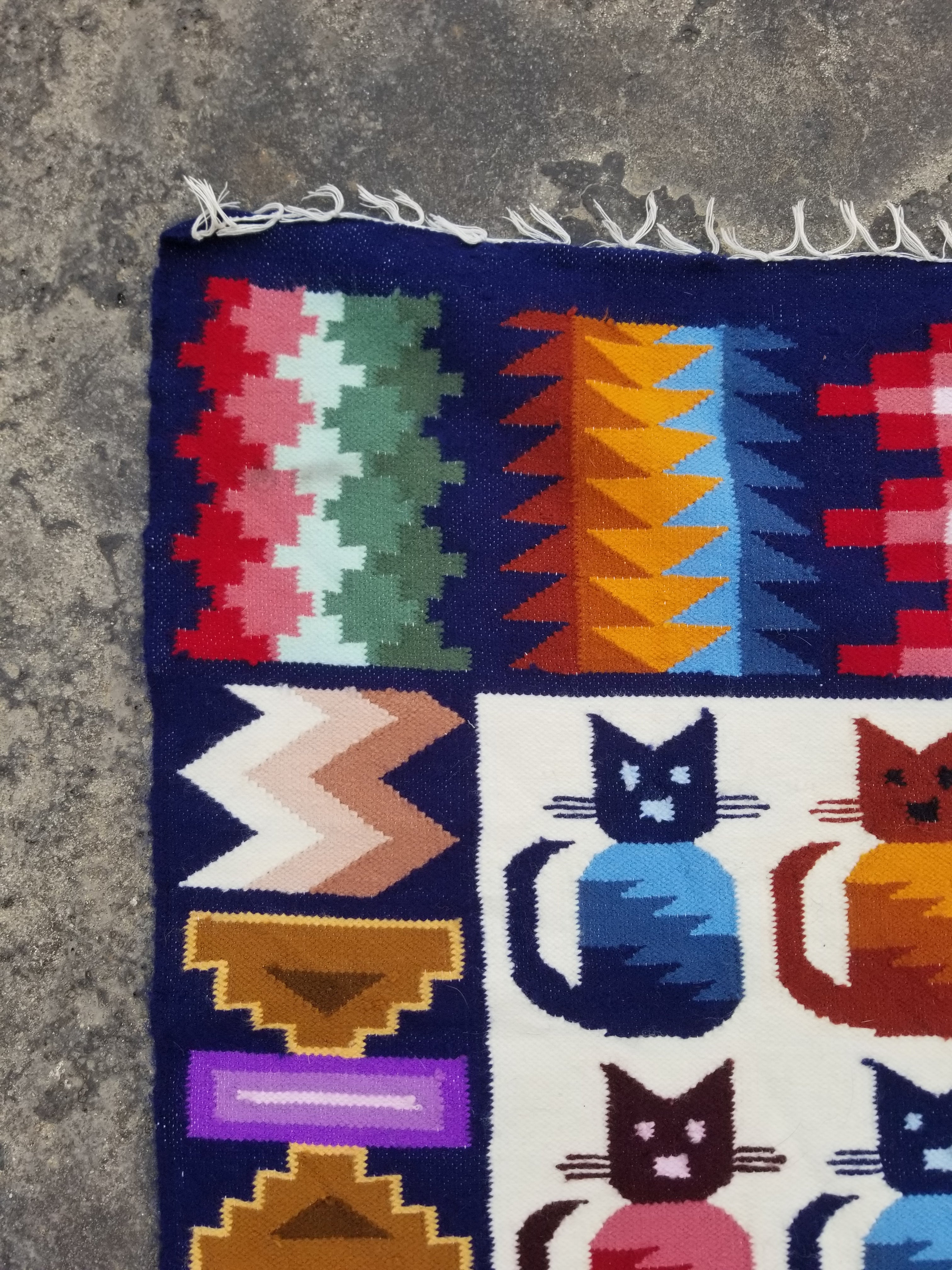 Vintage Peruvian Handmade Wool Folk Art Multicolor Kilim Tapestry 147x109cm
