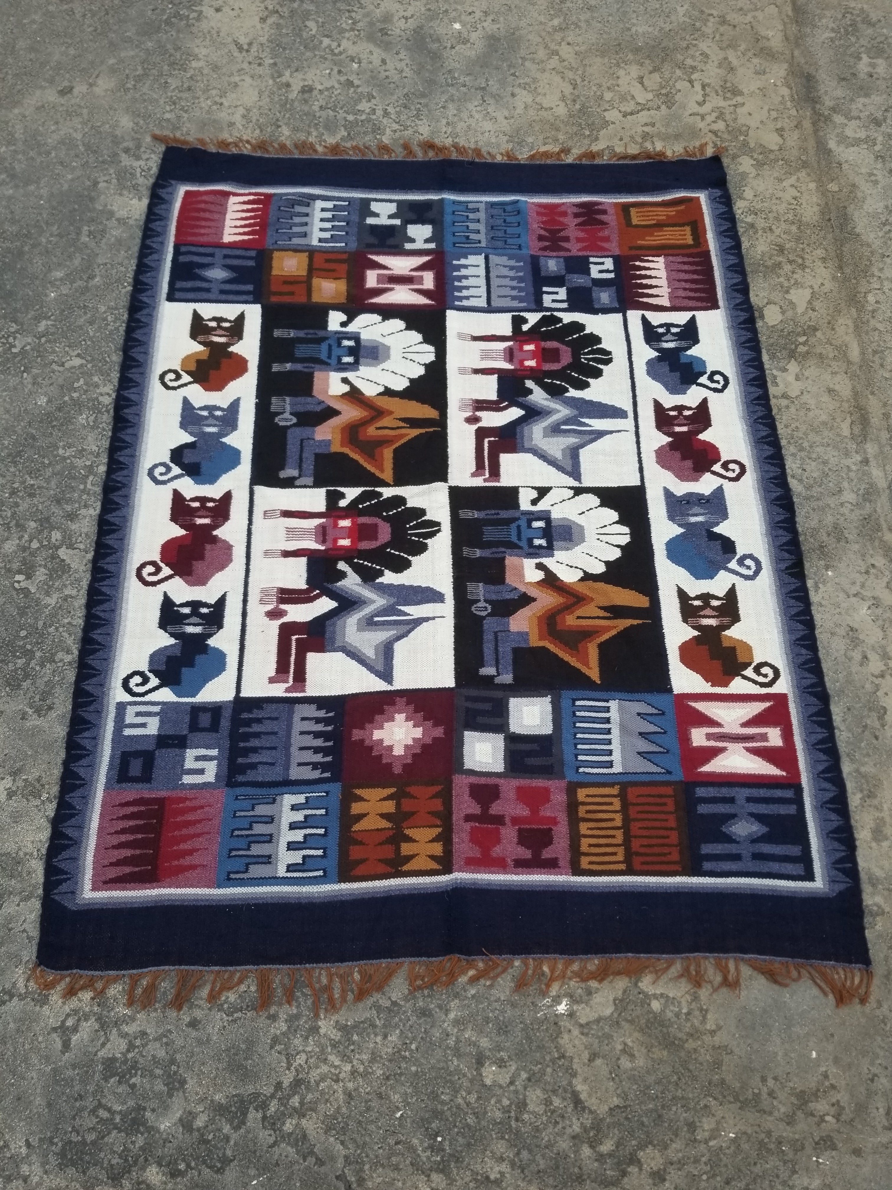 Vintage Handwoven Peruvian Incan Diety Folk Art Kilim Tapestry 157x119cm