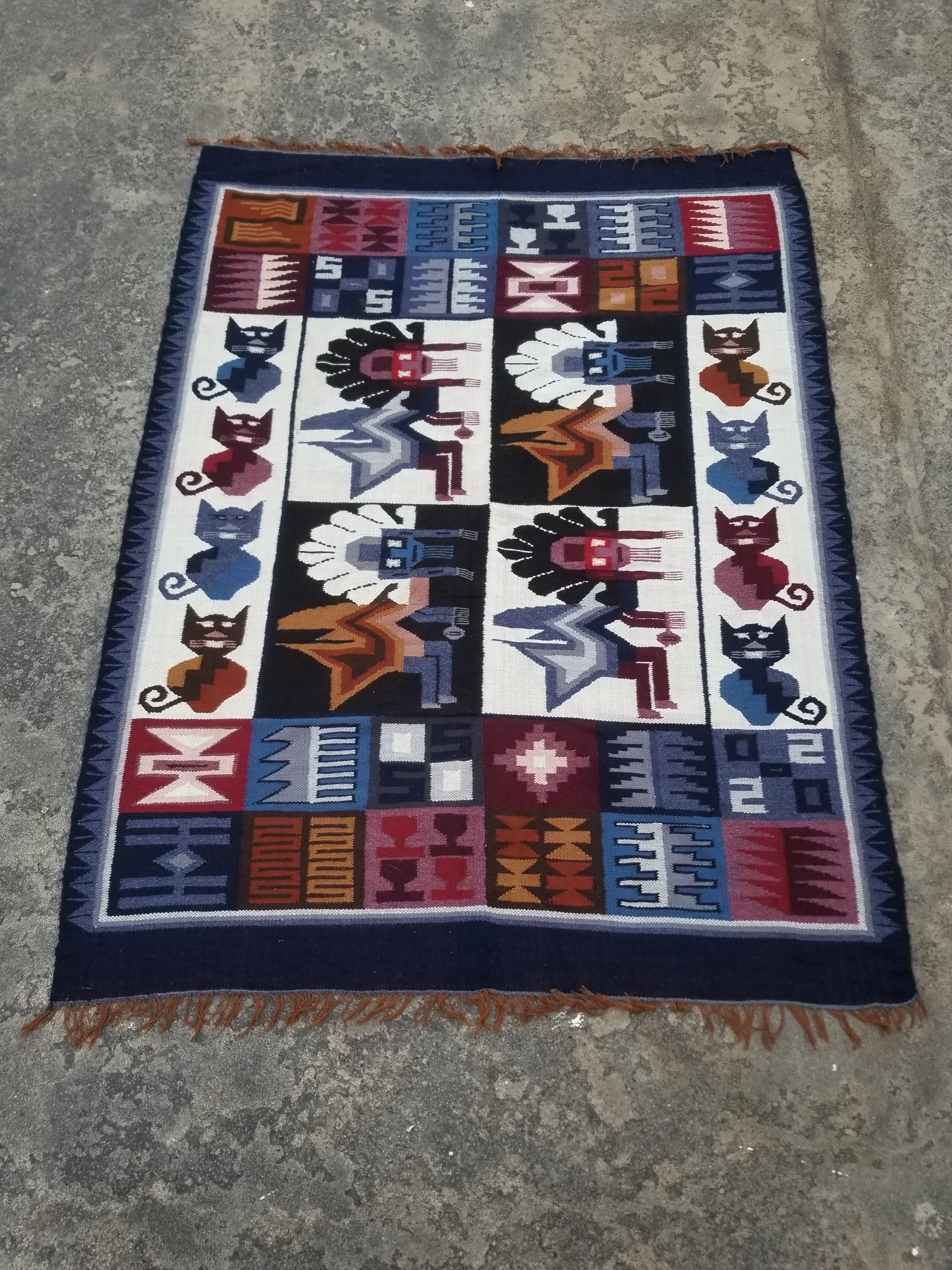 Vintage Handwoven Peruvian Incan Diety Folk Art Kilim Tapestry 157x119cm