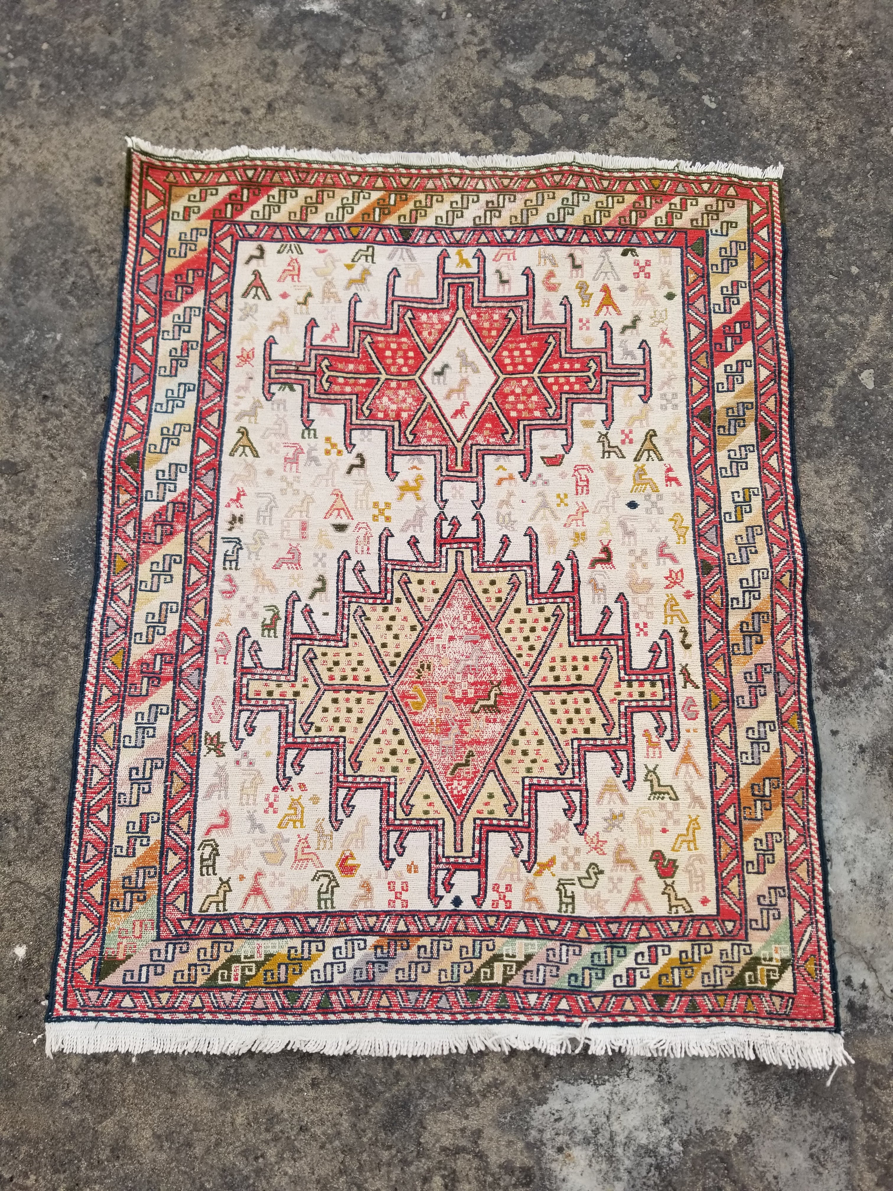 Distressed Vintage Traditional Handmade Soumak Wool Multicolor Kilim 86x73cm