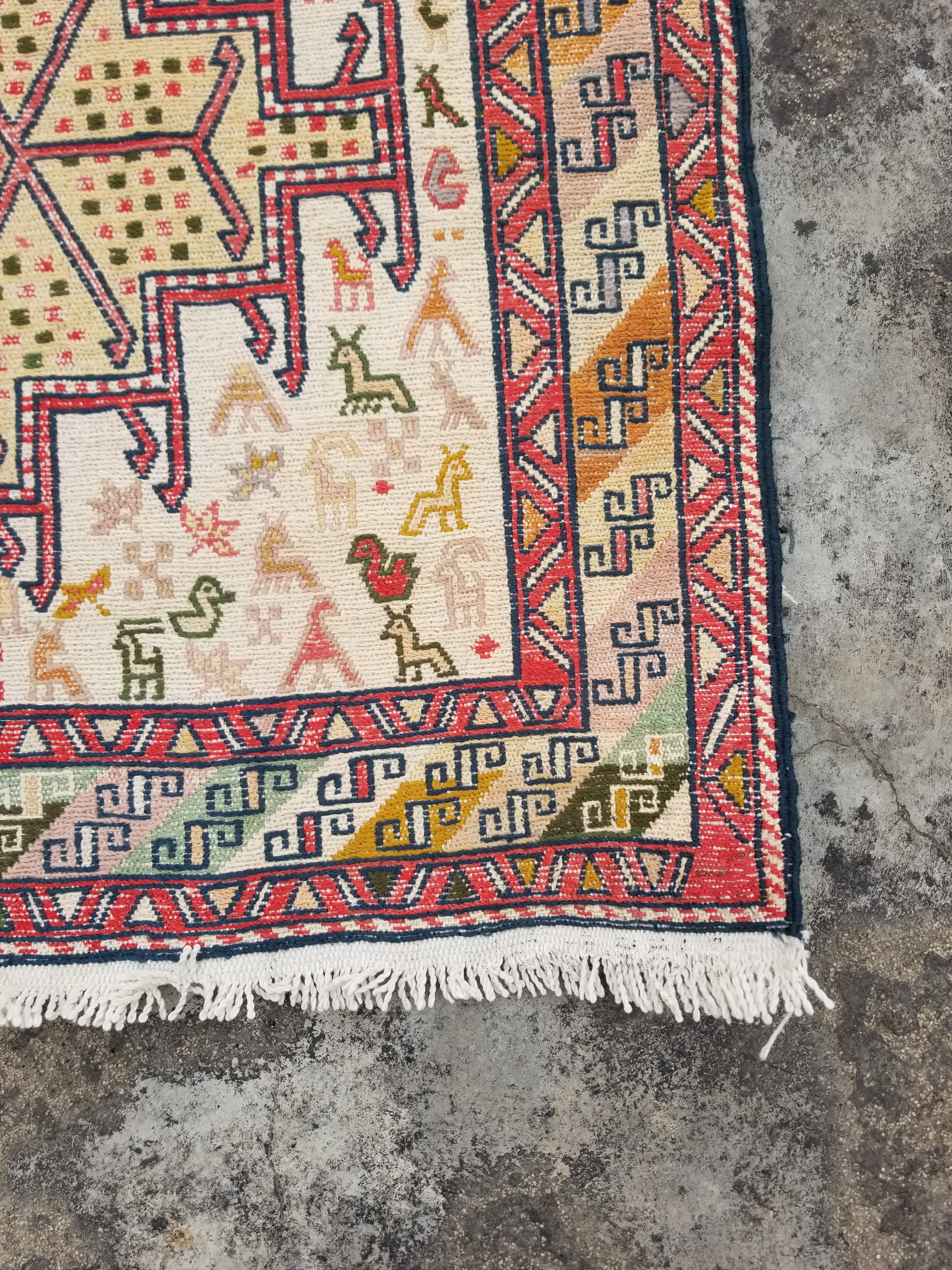 Distressed Vintage Traditional Handmade Soumak Wool Multicolor Kilim 86x73cm