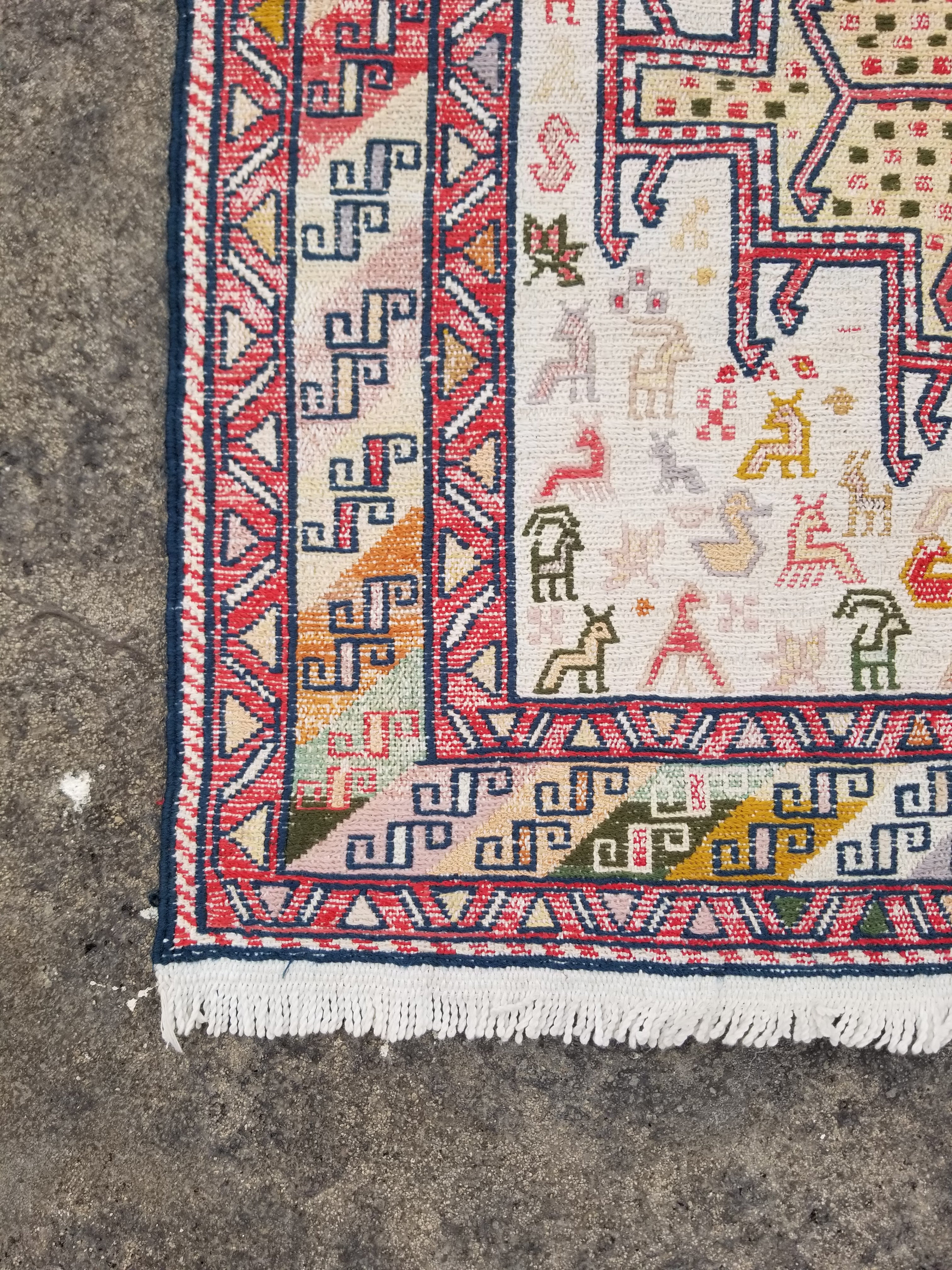 Distressed Vintage Traditional Handmade Soumak Wool Multicolor Kilim 86x73cm