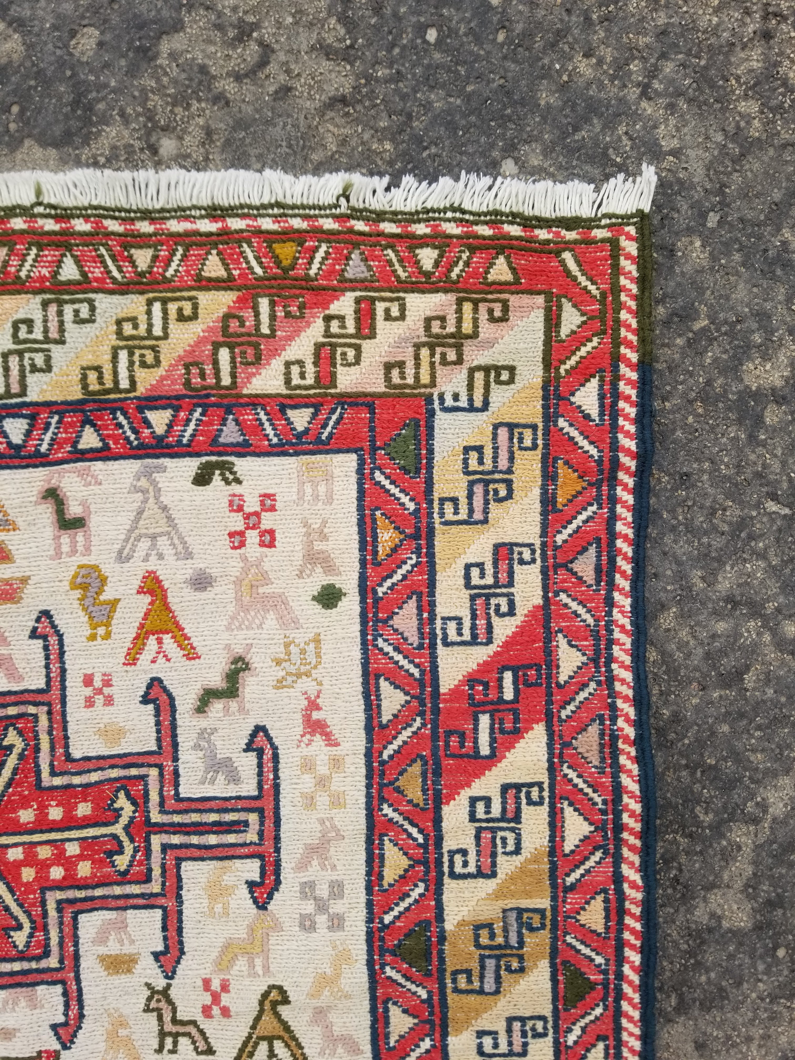 Distressed Vintage Traditional Handmade Soumak Wool Multicolor Kilim 86x73cm