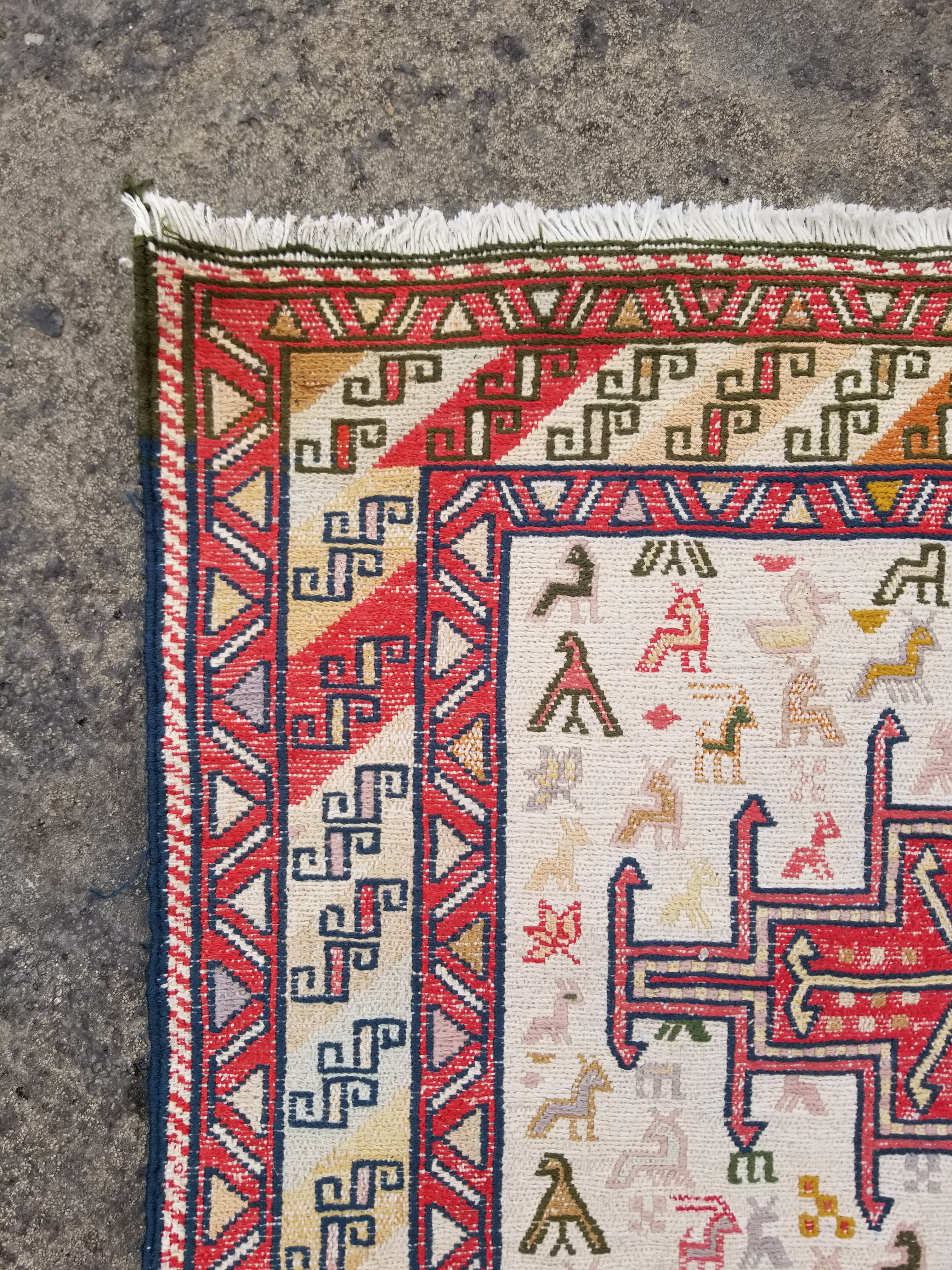 Distressed Vintage Traditional Handmade Soumak Wool Multicolor Kilim 86x73cm