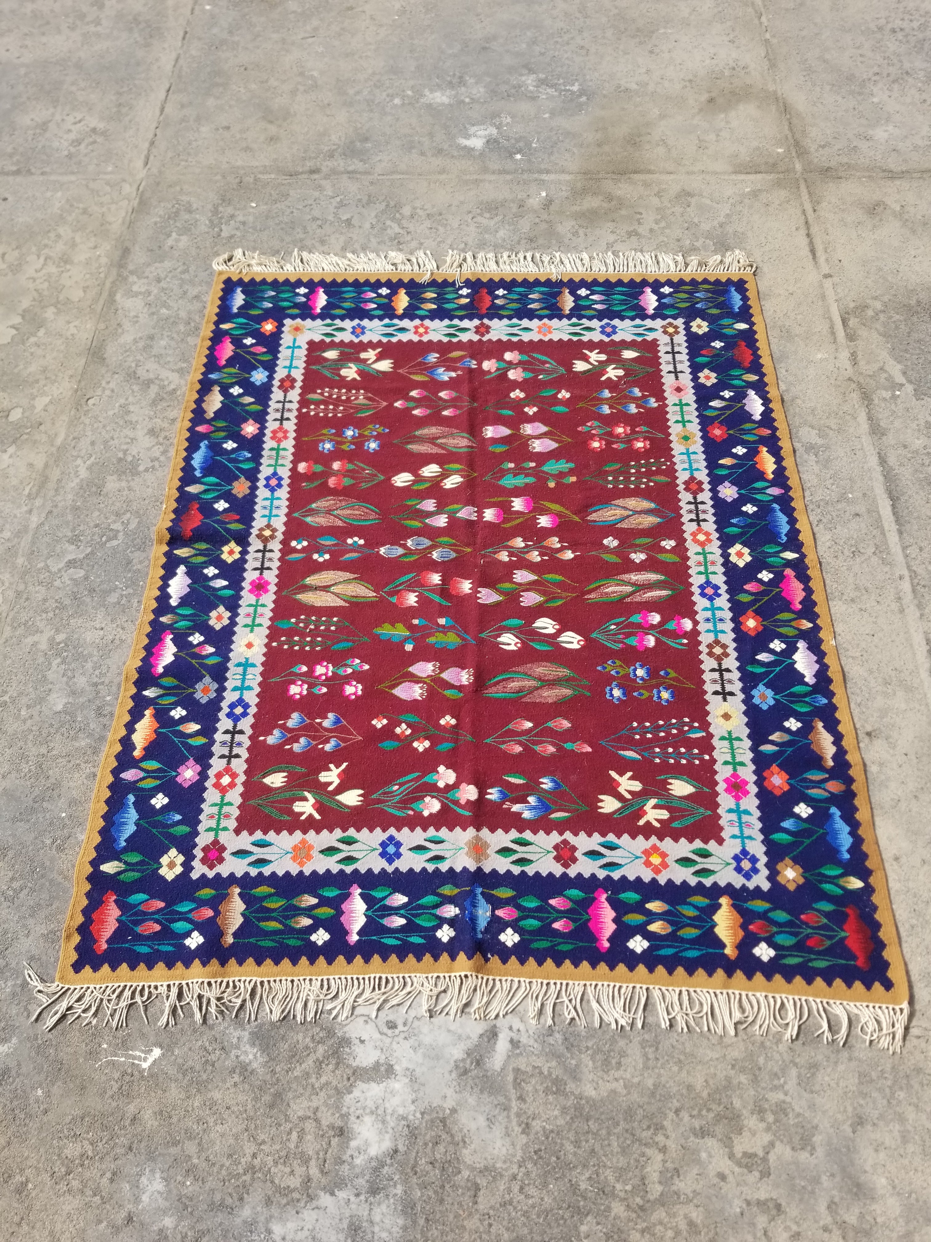 Vintage Handmade European Oltenian Floral Wool Multicolor Kilim 206x163cm