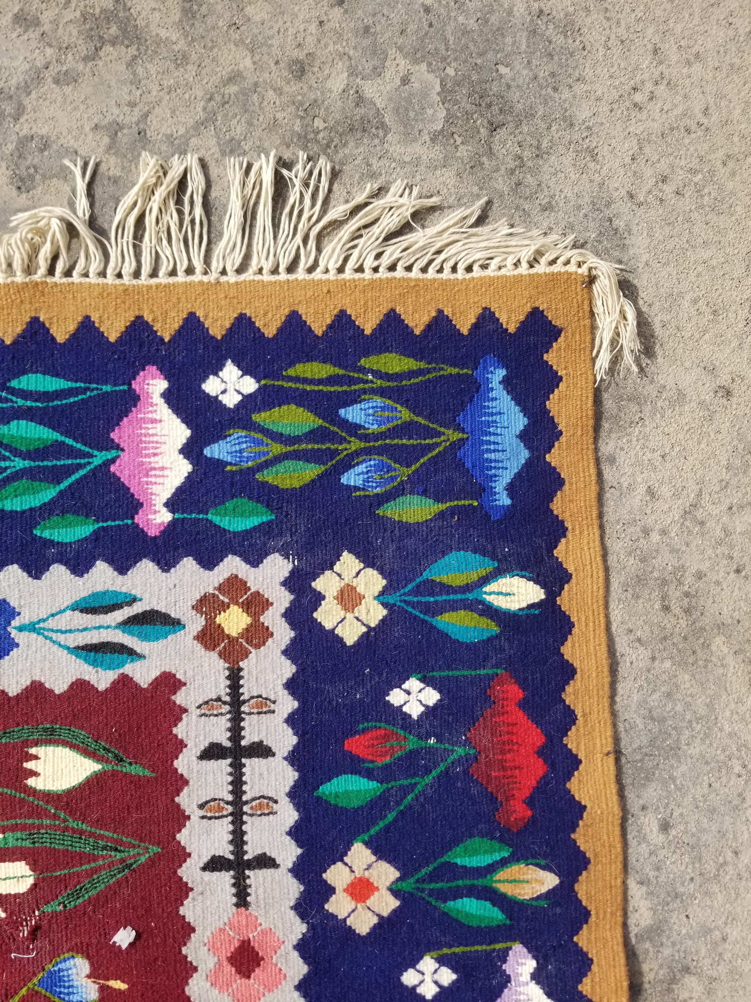 Vintage Handmade European Oltenian Floral Wool Multicolor Kilim 206x163cm