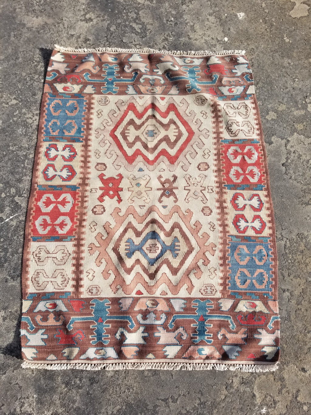 Antique Traditional Handmade Turkish Yuncu Wool Multicolor Kilim 119x89cm
