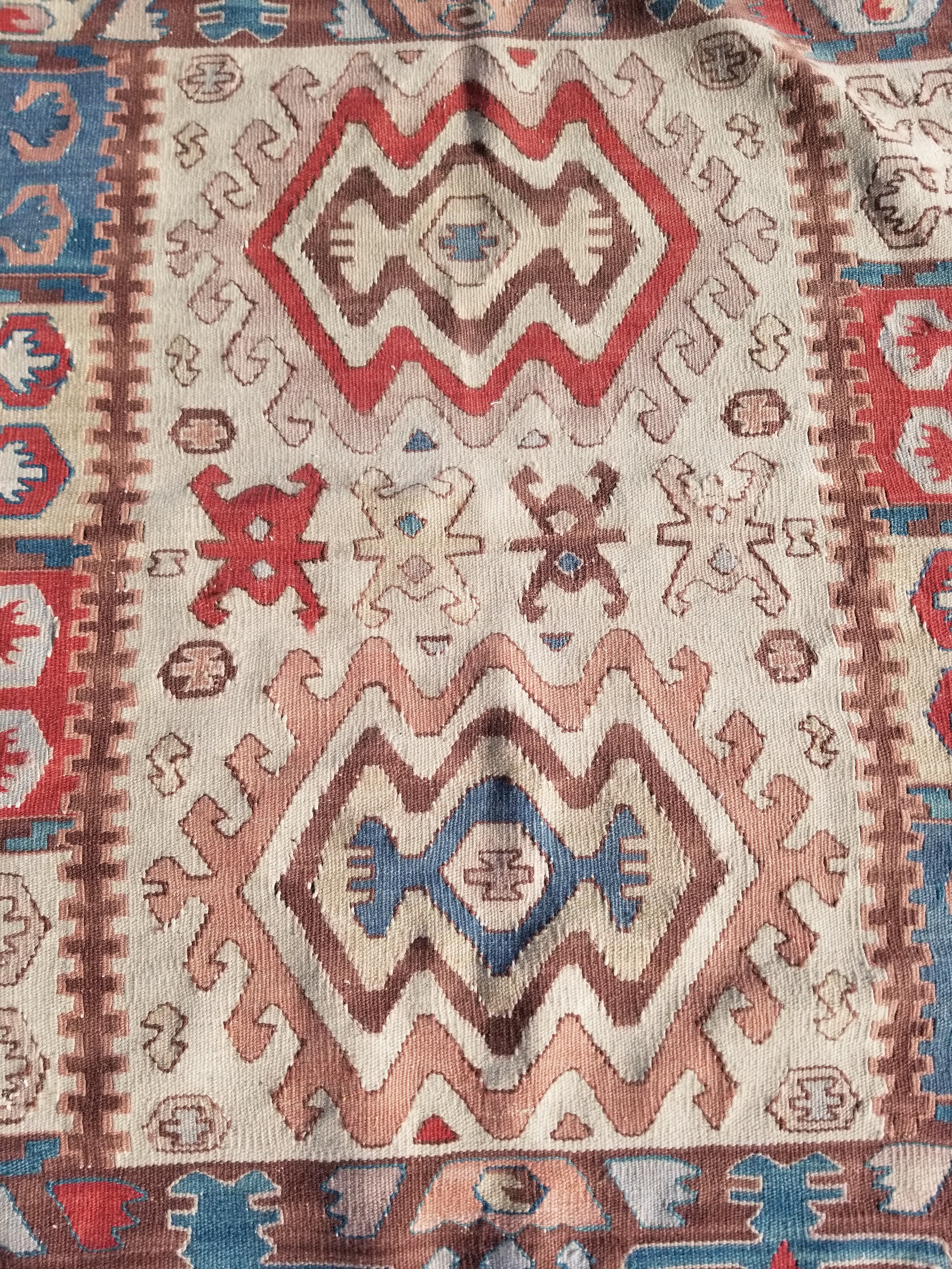 Antique Traditional Handmade Turkish Yuncu Wool Multicolor Kilim 119x89cm