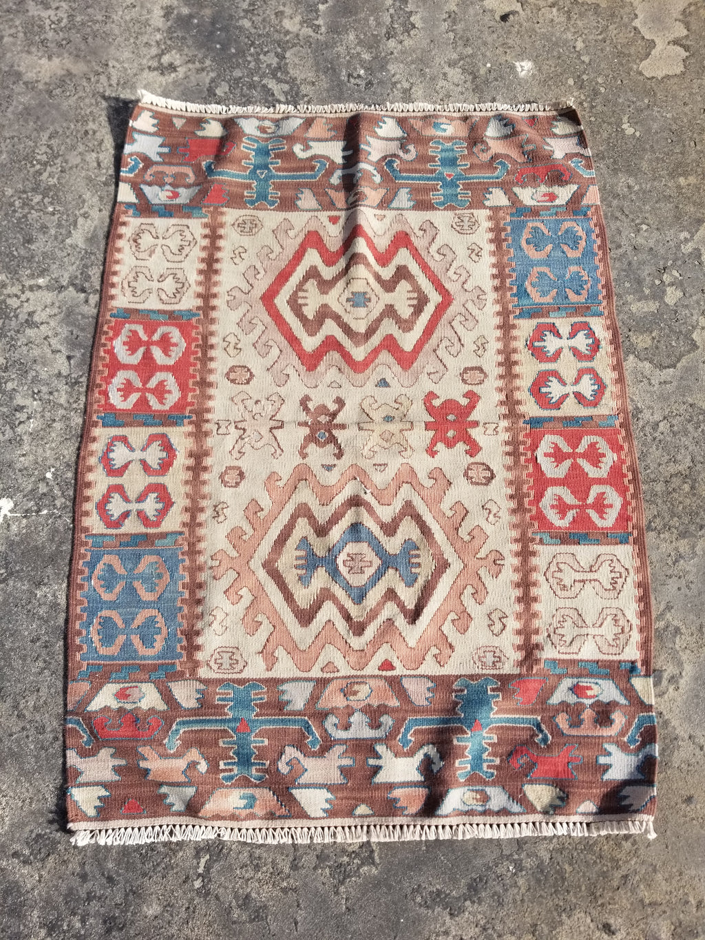 Antique Traditional Handmade Turkish Yuncu Wool Multicolor Kilim 119x89cm