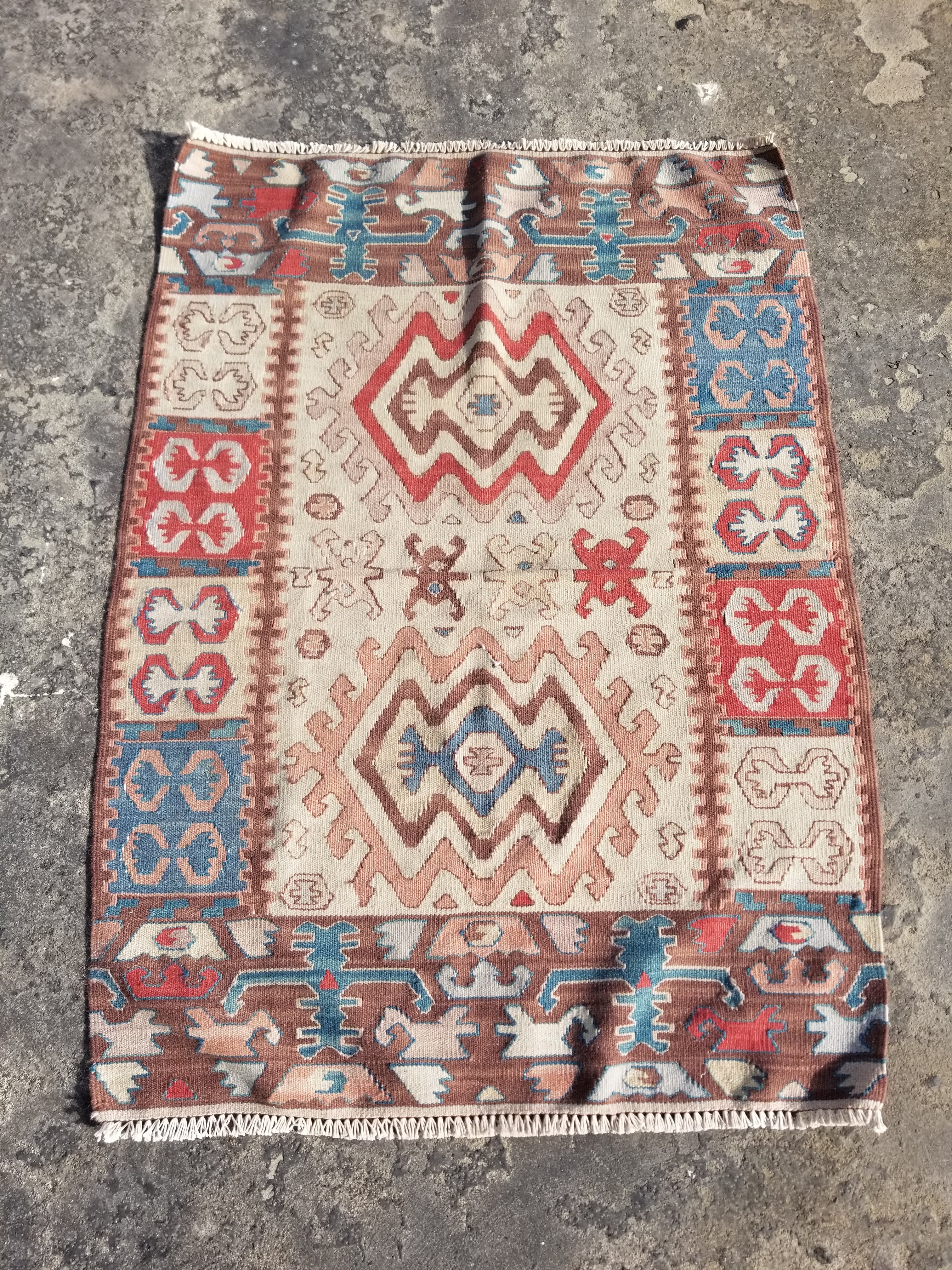 Antique Traditional Handmade Turkish Yuncu Wool Multicolor Kilim 119x89cm