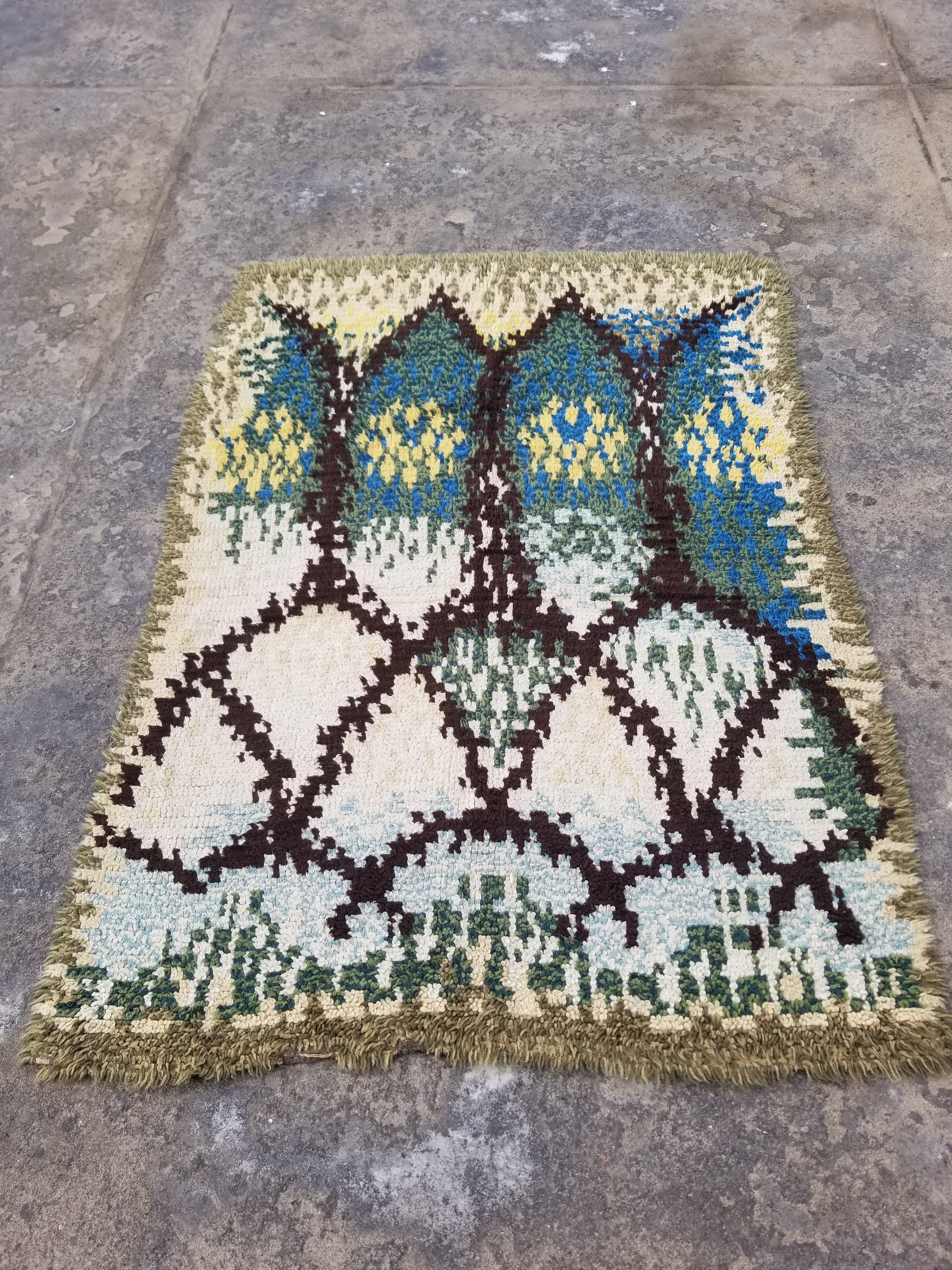 Vintage Traditional Handmade Scandinavian Wool Multicolor Rya Rug 196x140cm