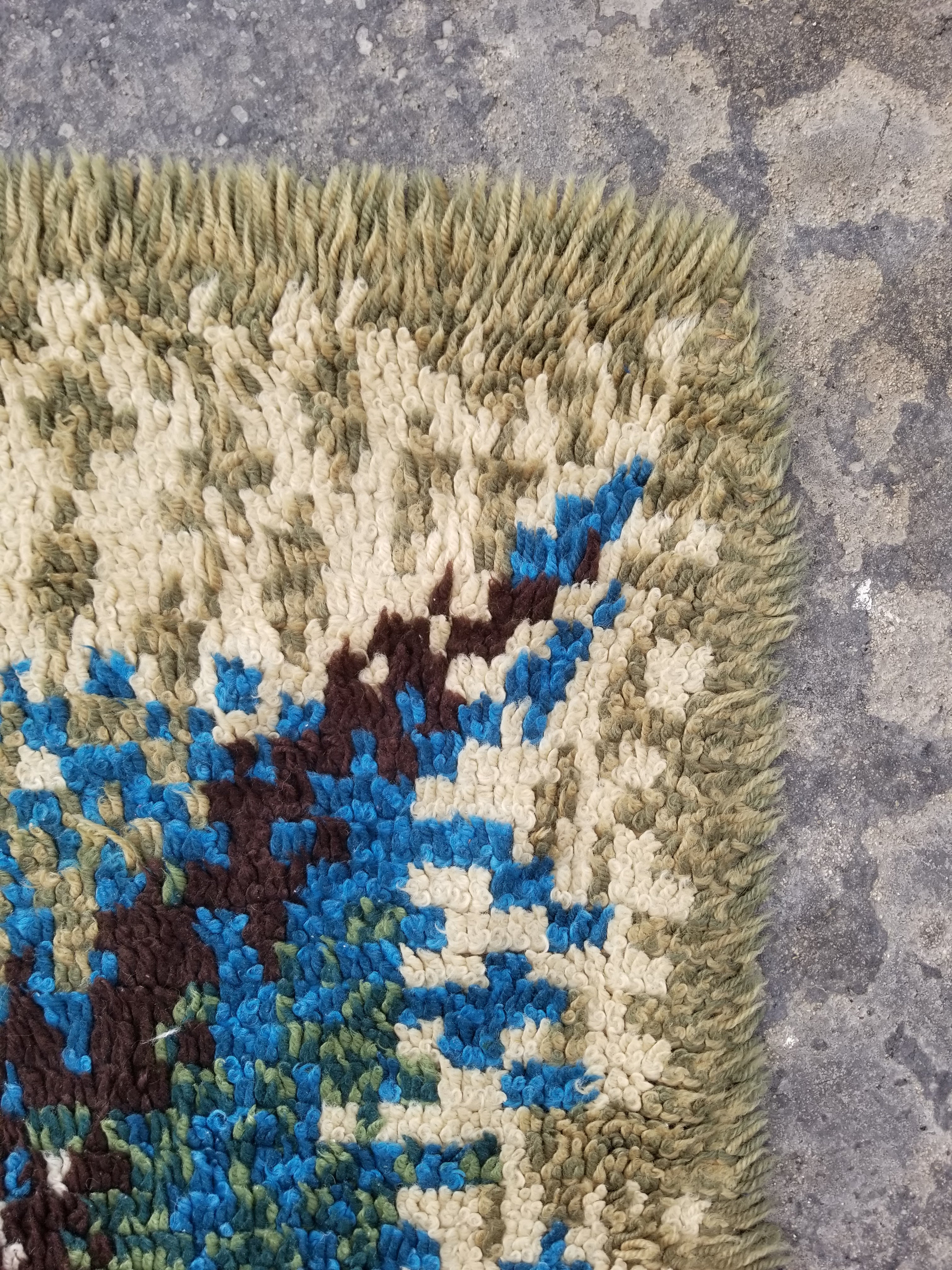 Vintage Traditional Handmade Scandinavian Wool Multicolor Rya Rug 196x140cm