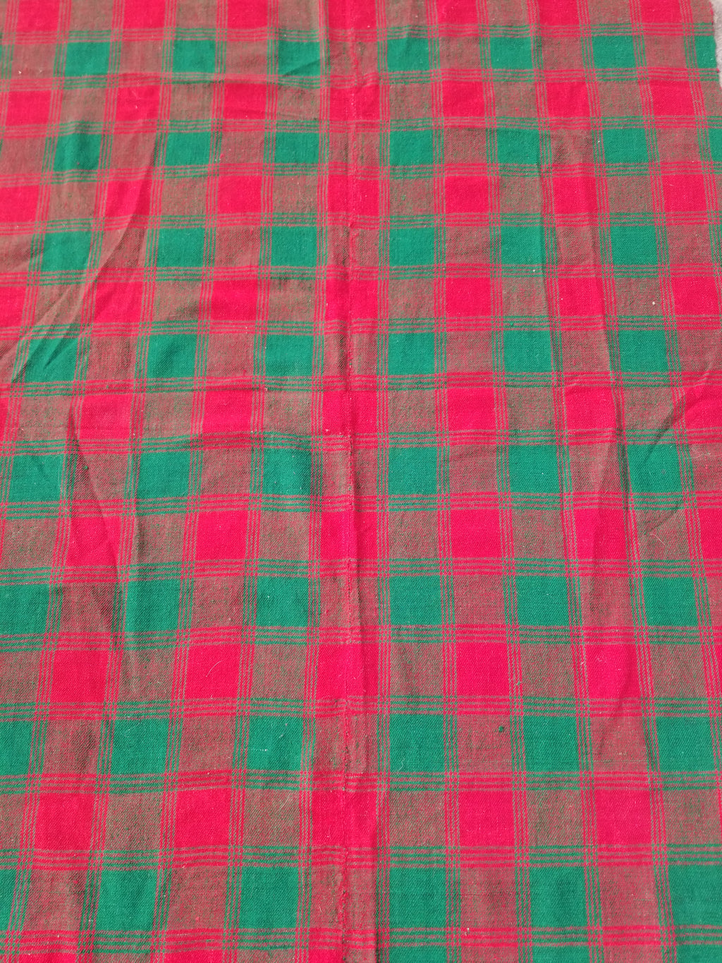 Vintage Handmade Check Pattern Green & Red Wool Blanket / Coverlet 220x124cm