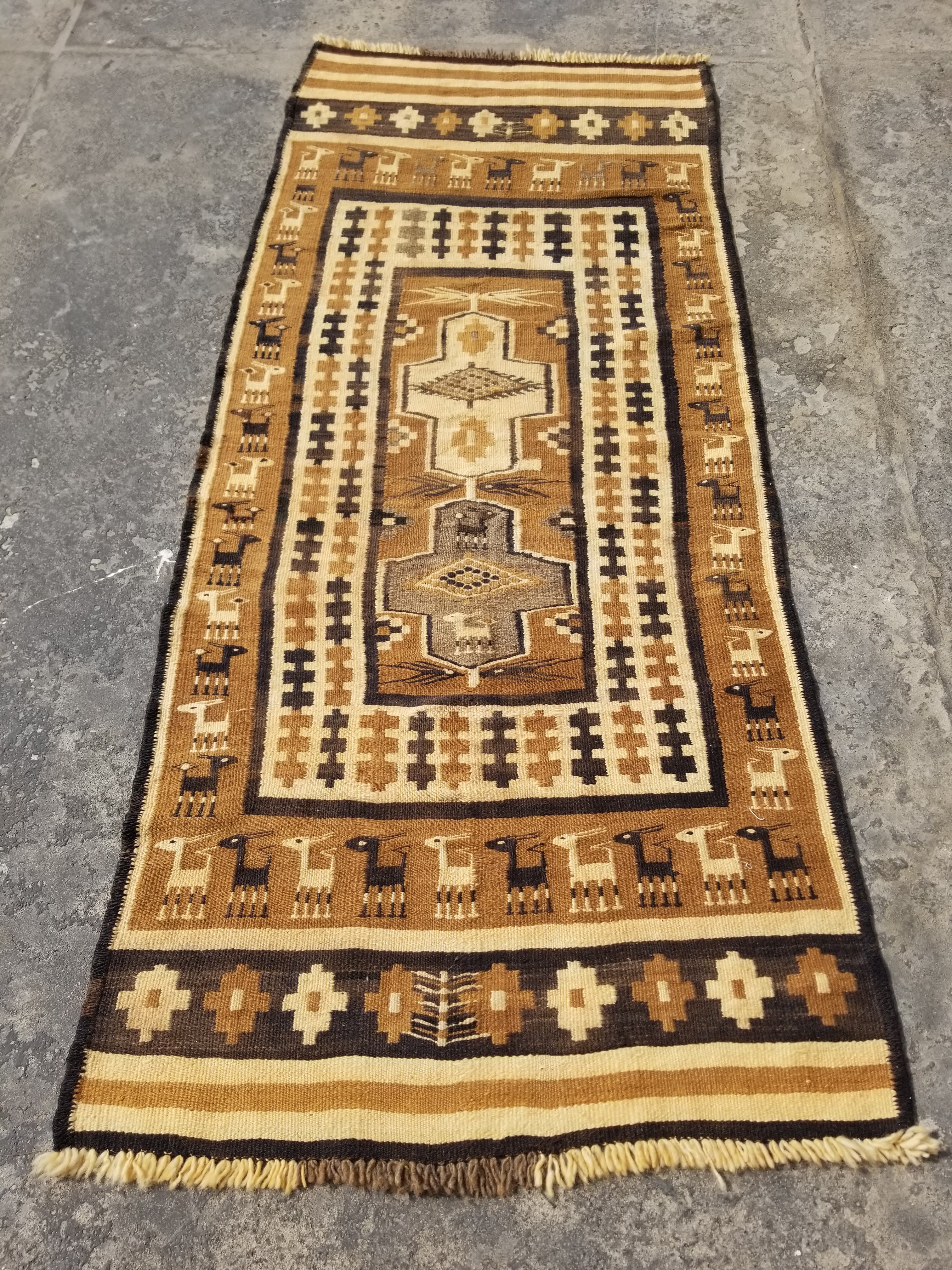 Vintage Traditional Native American Handmade Wool Brown & Beige Kilim 256x104cm