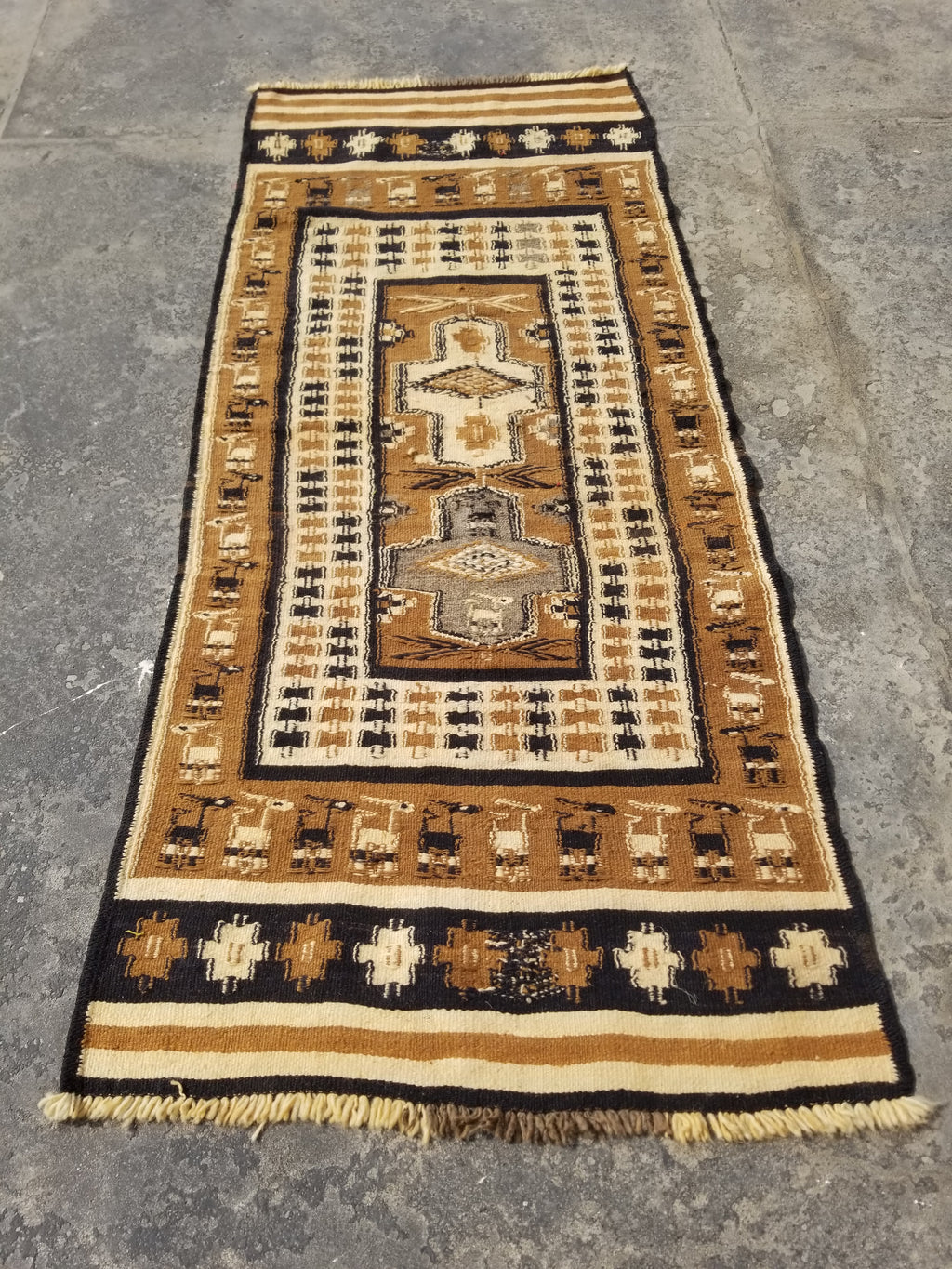 Vintage Traditional Native American Handmade Wool Brown & Beige Kilim 256x104cm