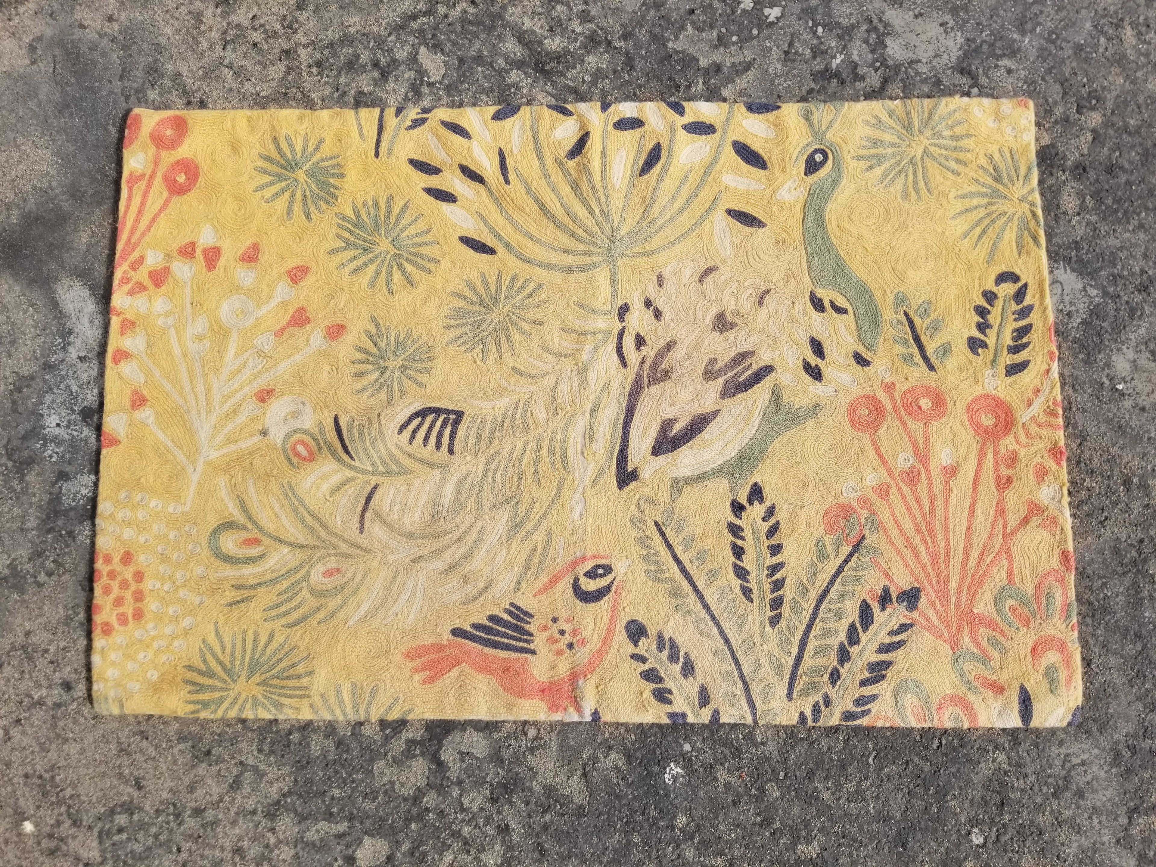 Vintage Handmade Kashmiri Botanical Chain-Stitch Decor Wool Rug 35x23in