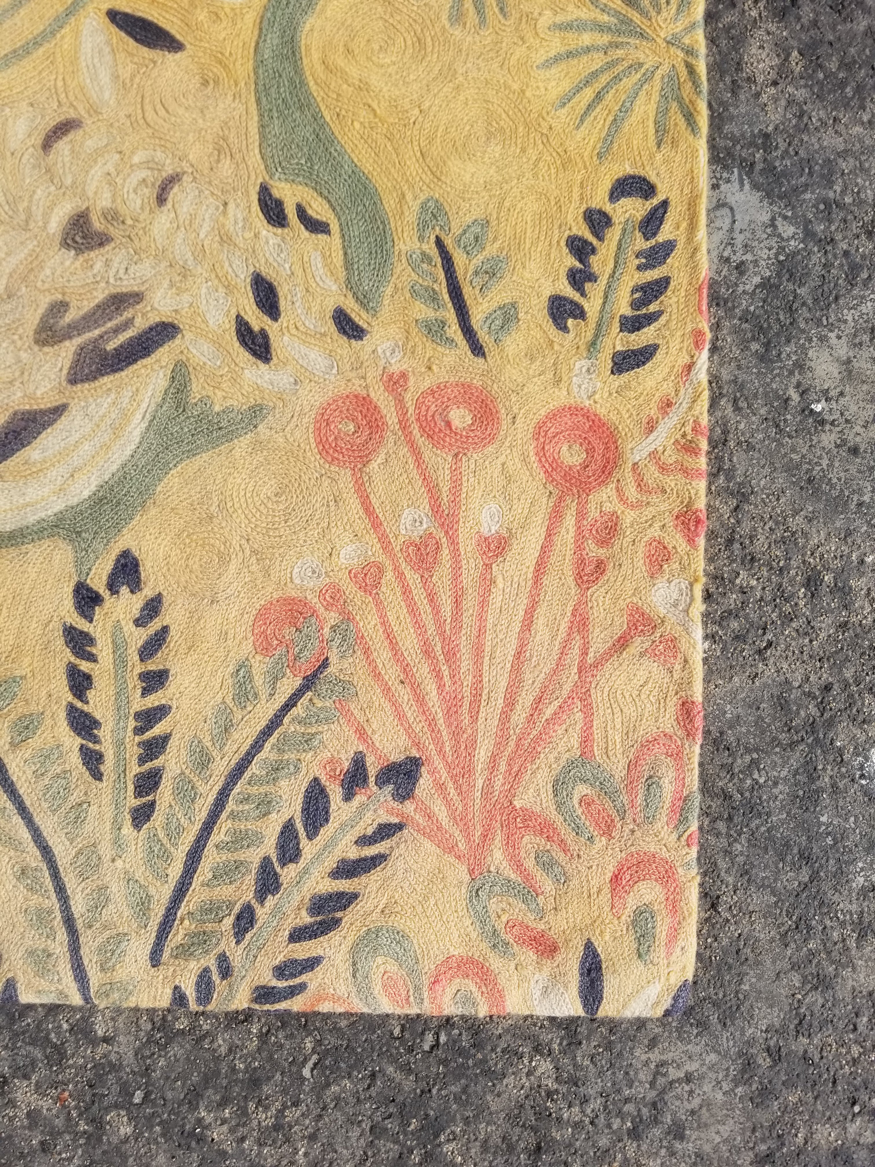 Vintage Handmade Kashmiri Botanical Chain-Stitch Decor Wool Rug 35x23in