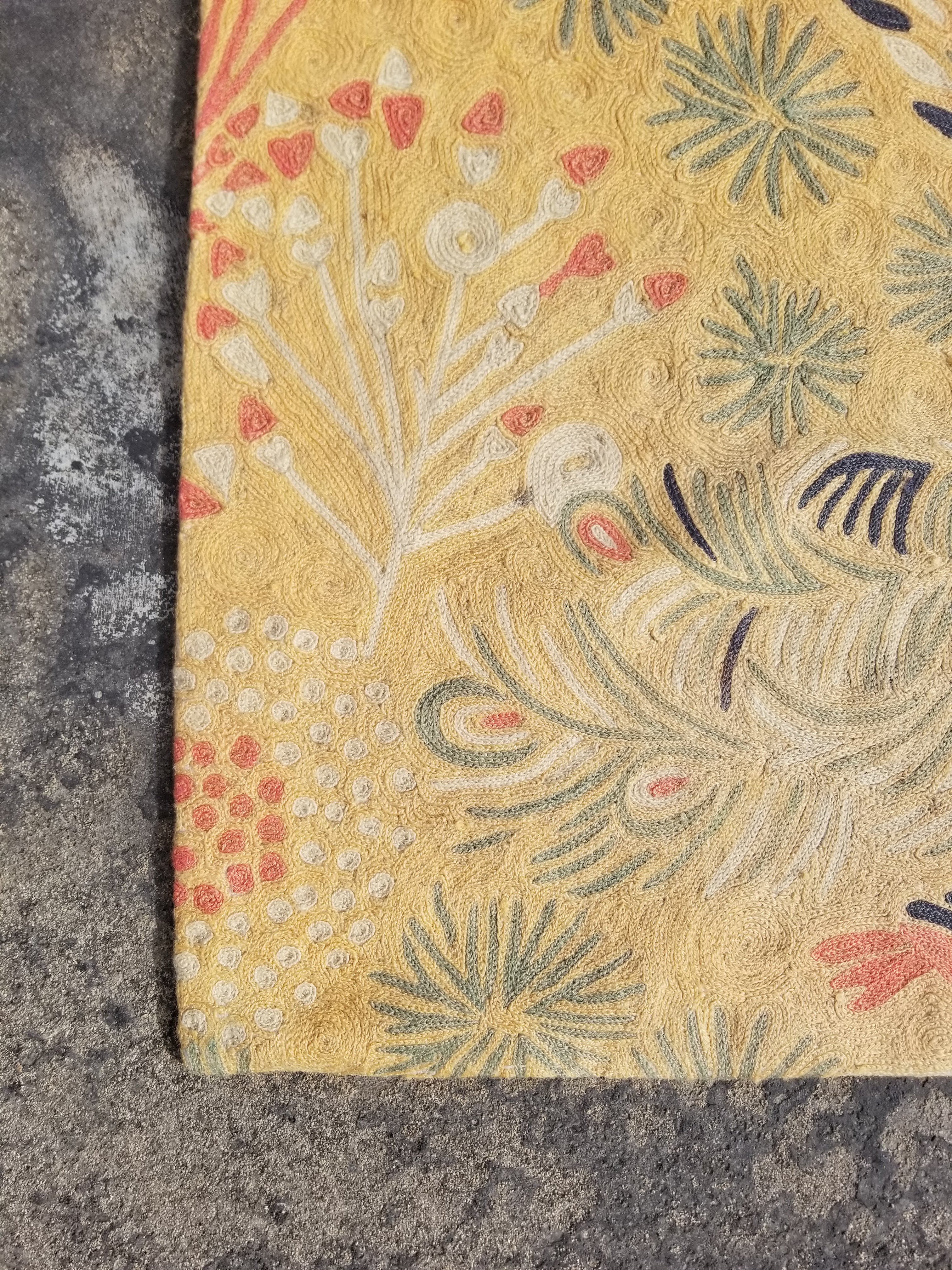 Vintage Handmade Kashmiri Botanical Chain-Stitch Decor Wool Rug 35x23in