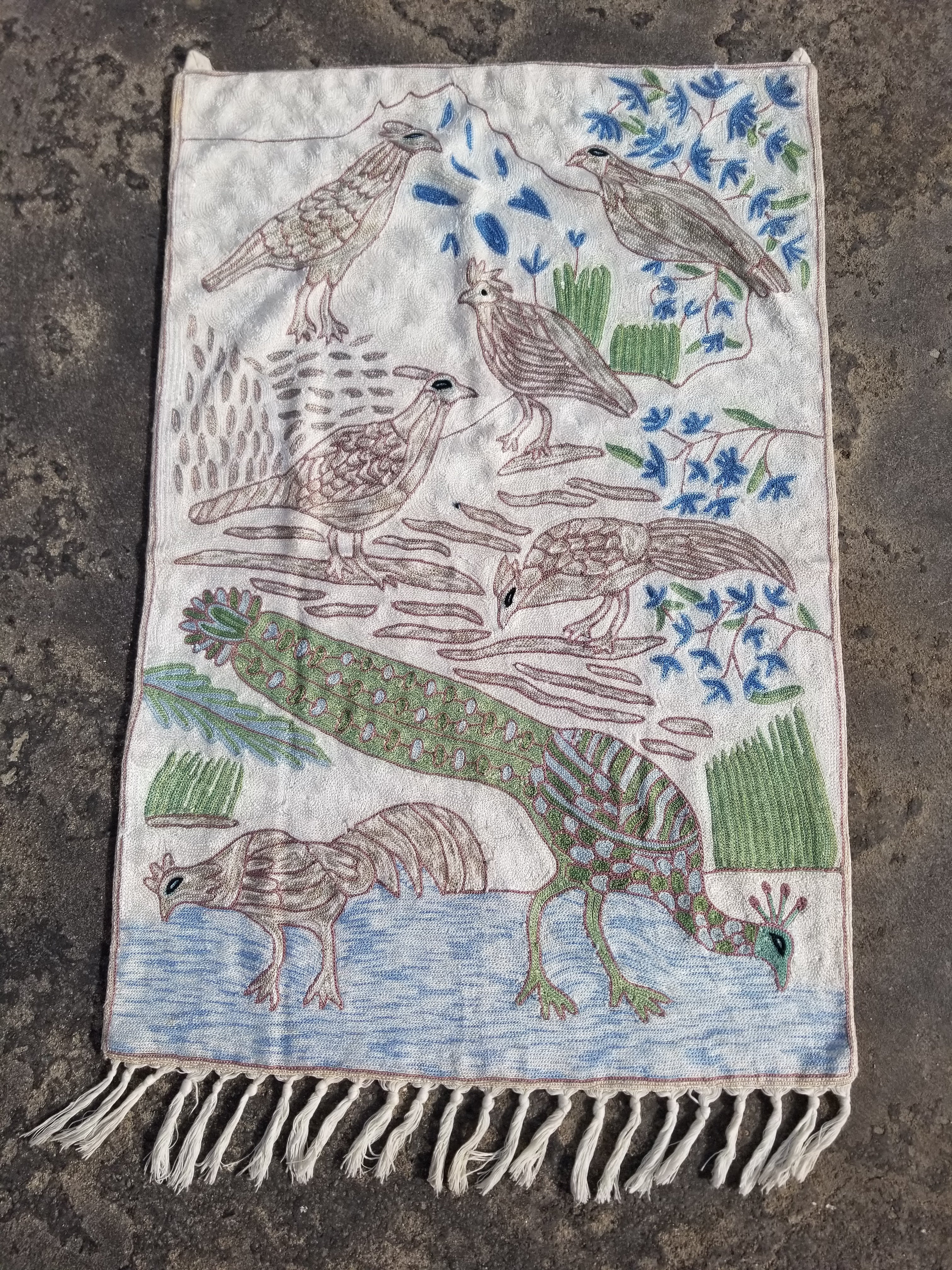 Vintage Handmade Kashmiri Birds Chain-Stitch Decor Silk Tapestry 34x23in
