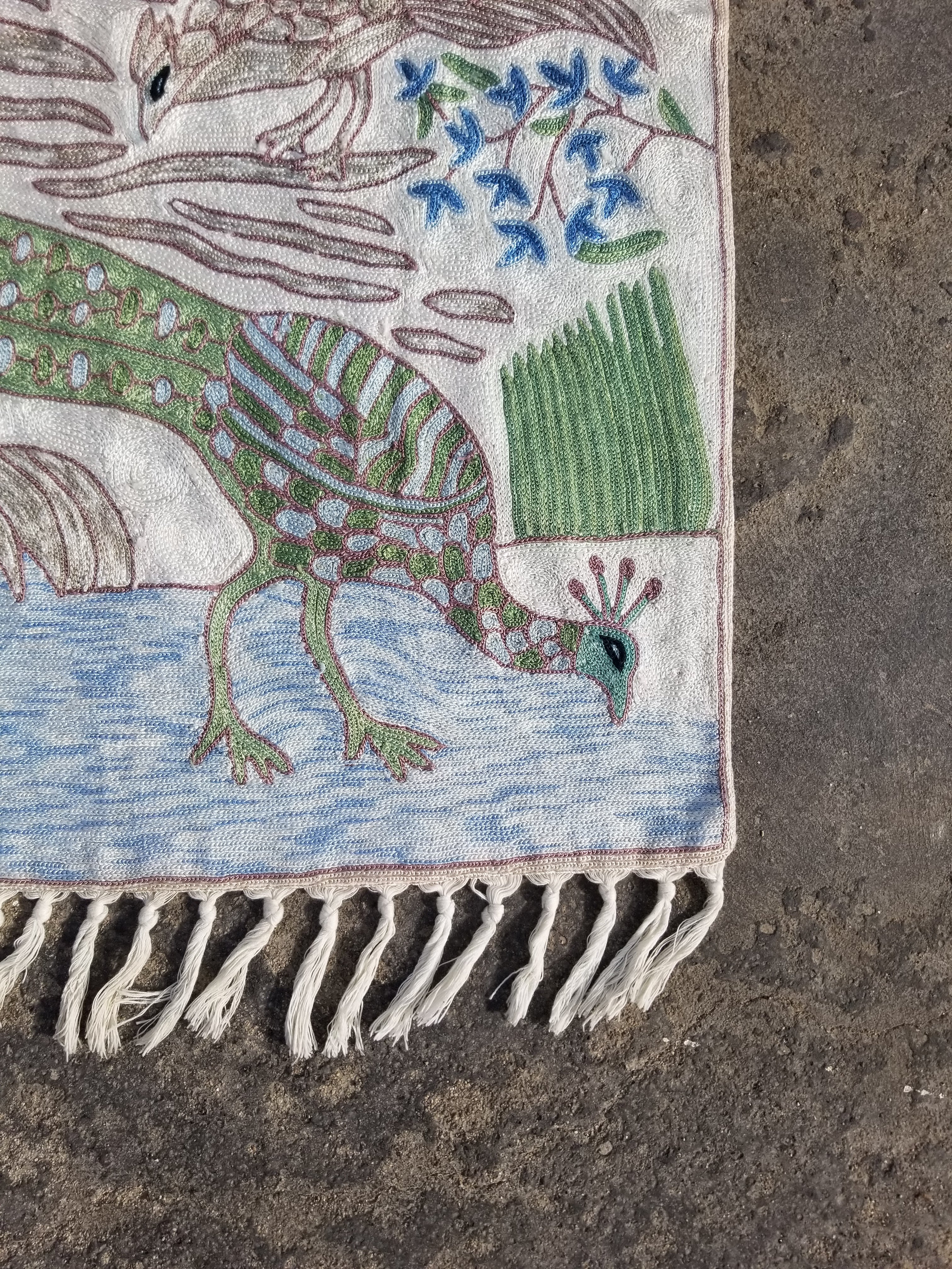 Vintage Handmade Kashmiri Birds Chain-Stitch Decor Silk Tapestry 34x23in