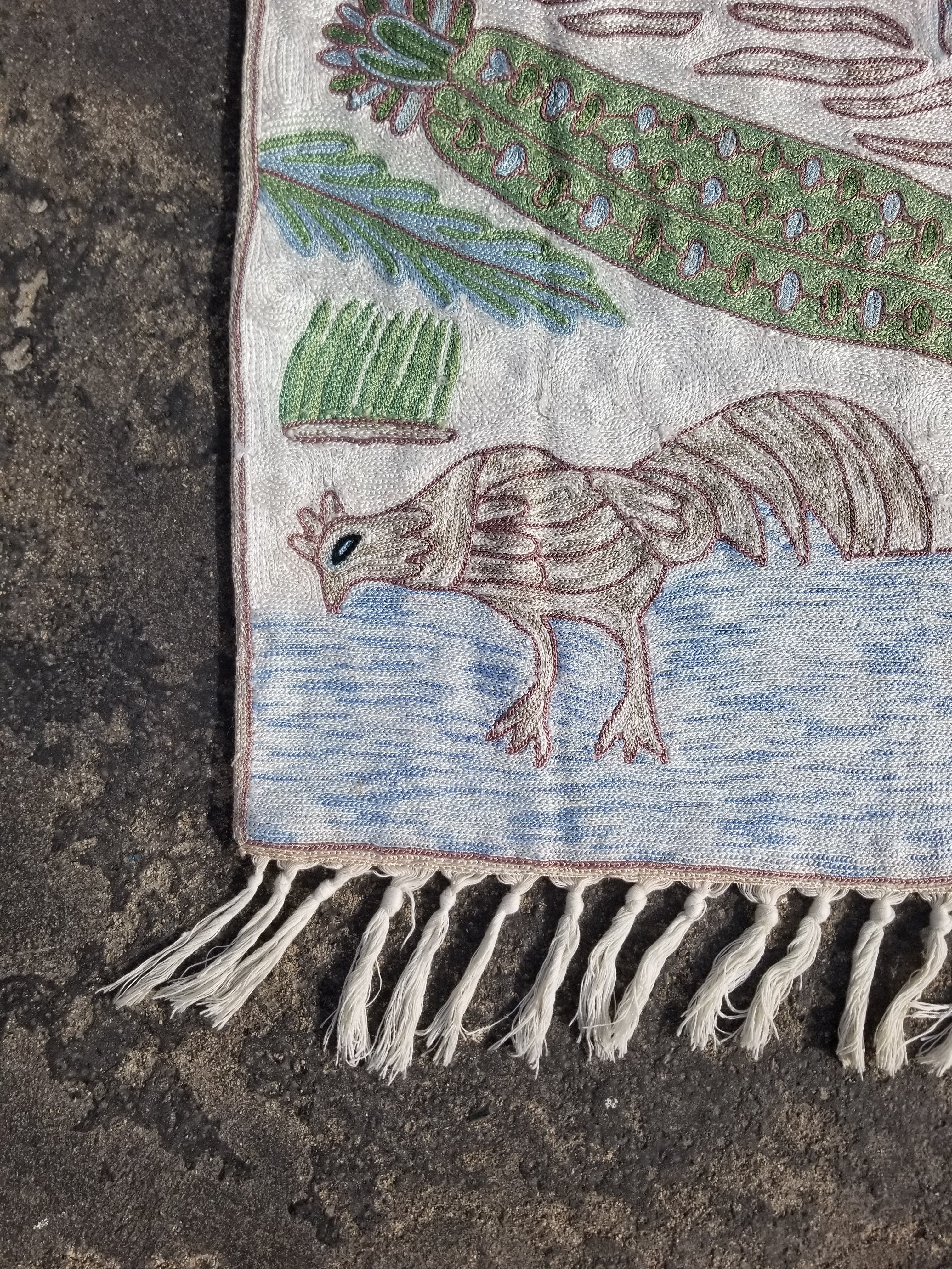 Vintage Handmade Kashmiri Birds Chain-Stitch Decor Silk Tapestry 34x23in