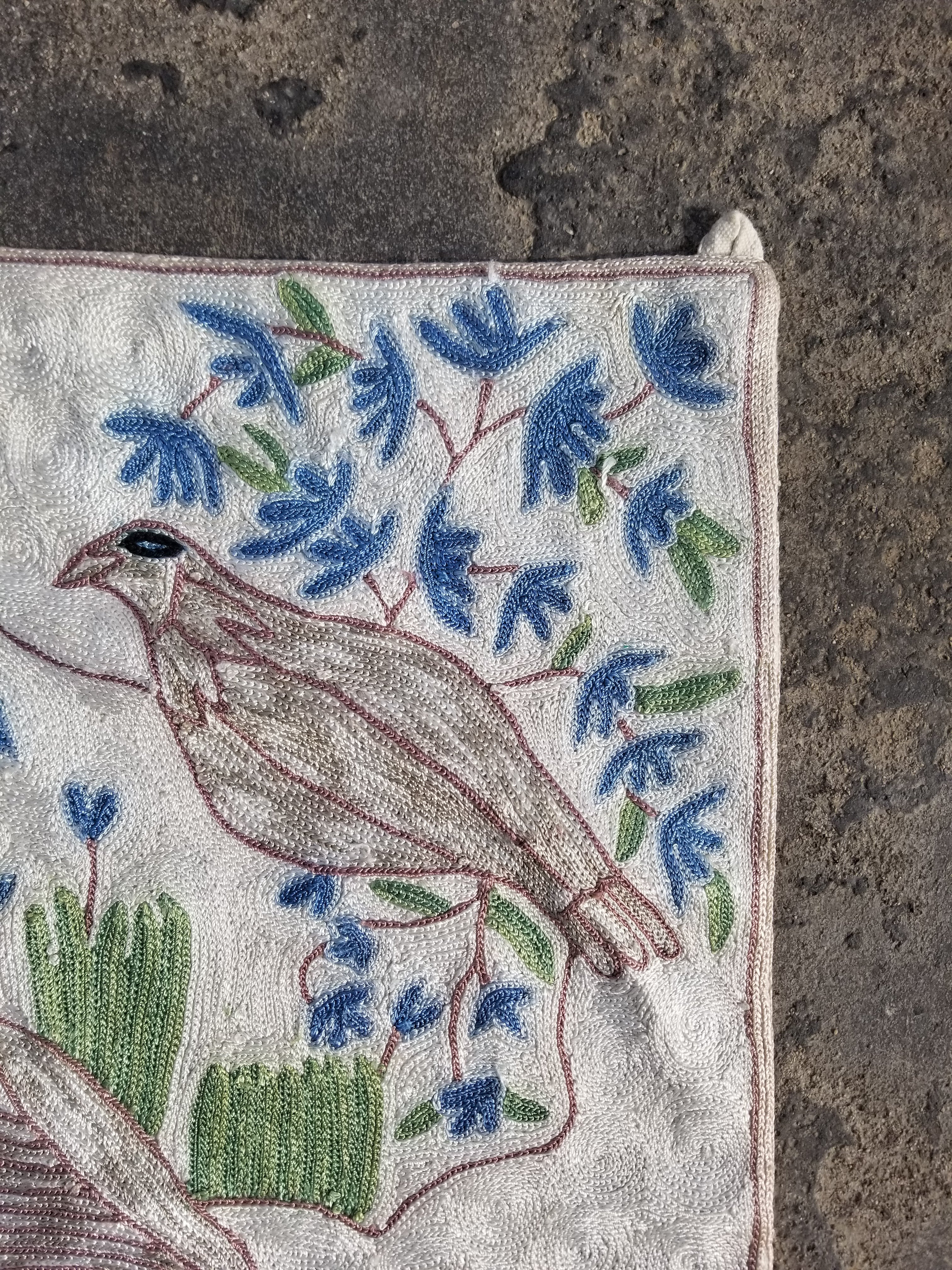 Vintage Handmade Kashmiri Birds Chain-Stitch Decor Silk Tapestry 34x23in