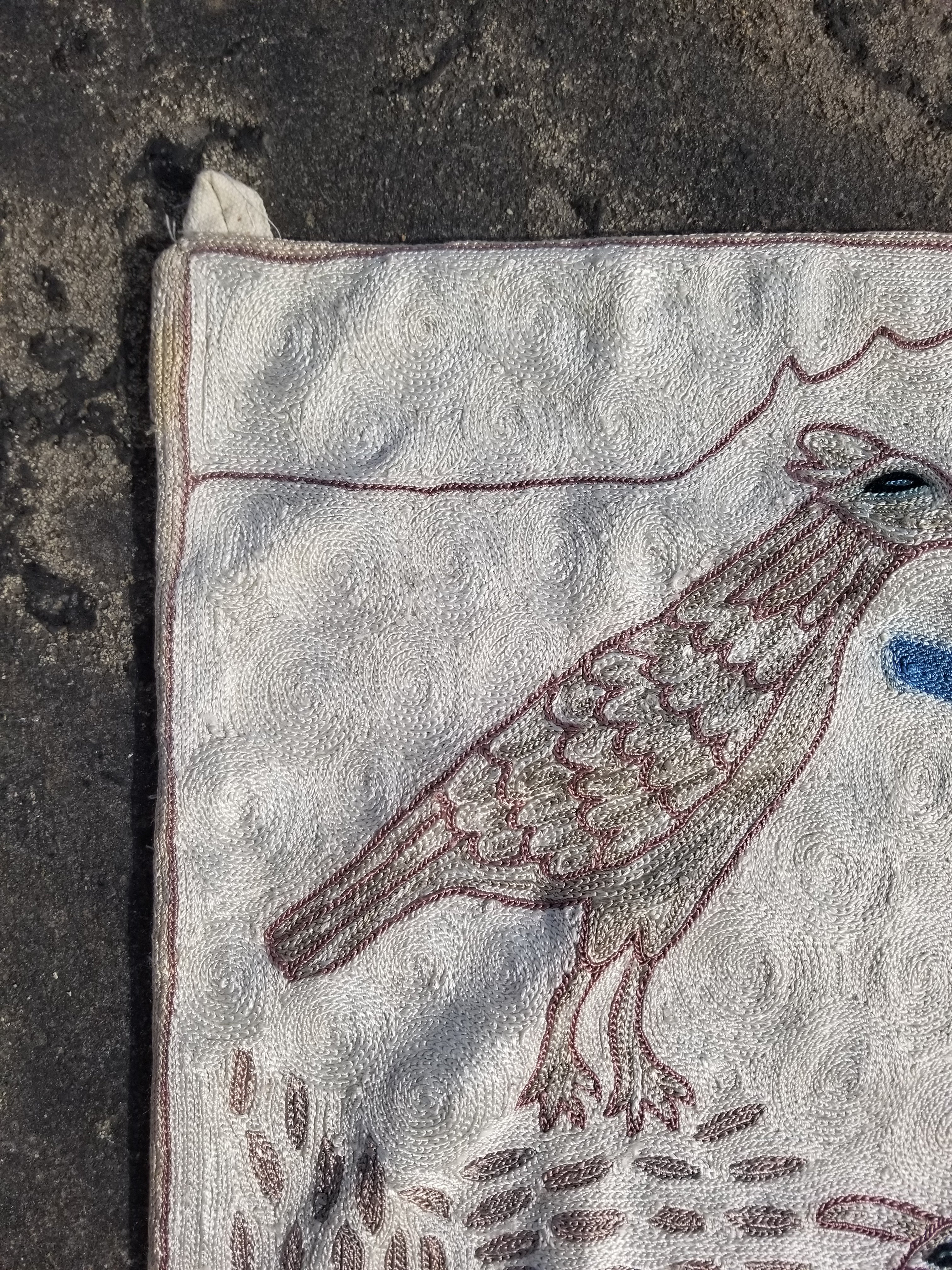 Vintage Handmade Kashmiri Birds Chain-Stitch Decor Silk Tapestry 34x23in
