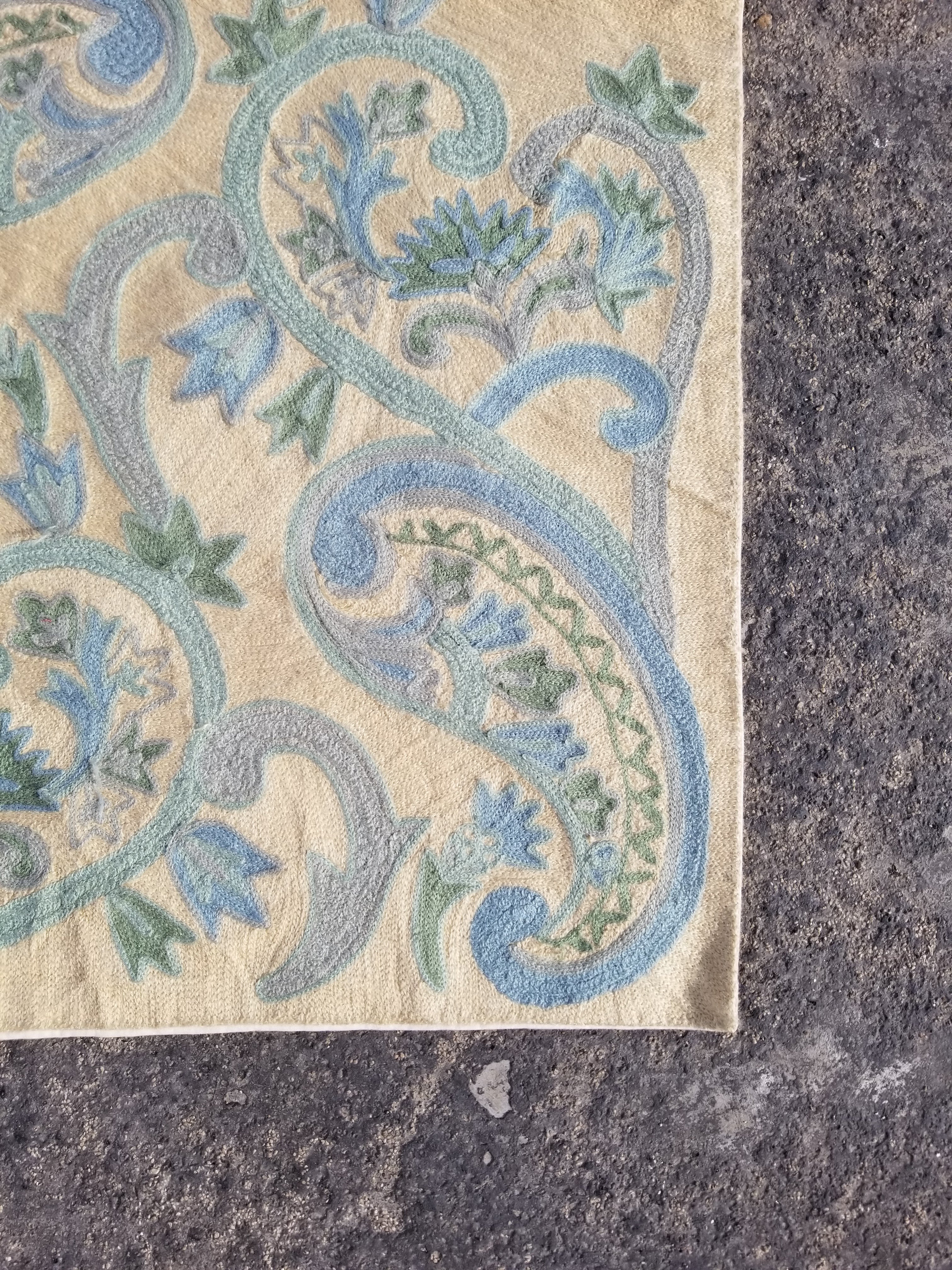 Vintage Handmade Kashmiri Paisley Chain-Stitch Decor Wool Rug 35x25in