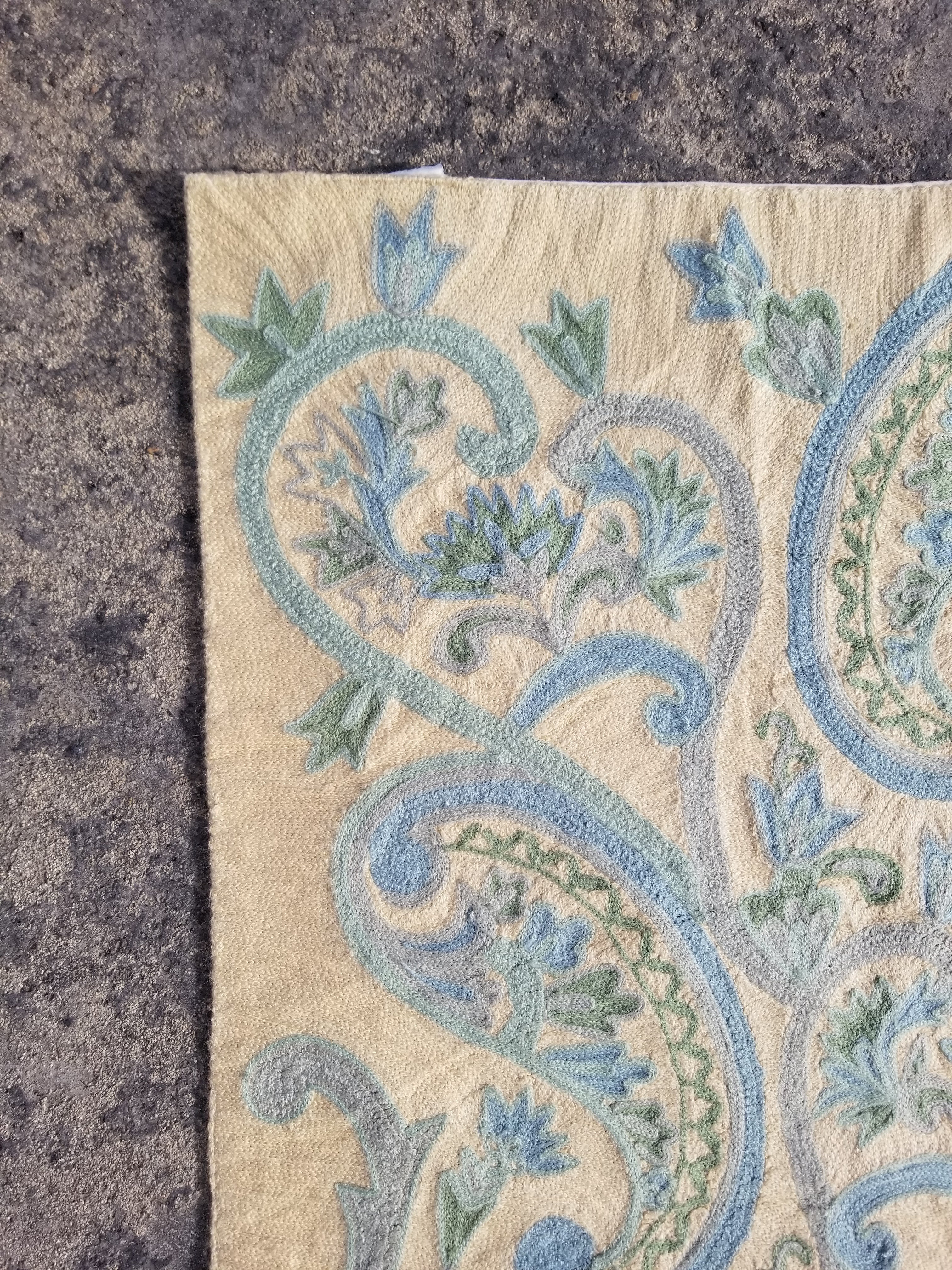 Vintage Handmade Kashmiri Paisley Chain-Stitch Decor Wool Rug 35x25in