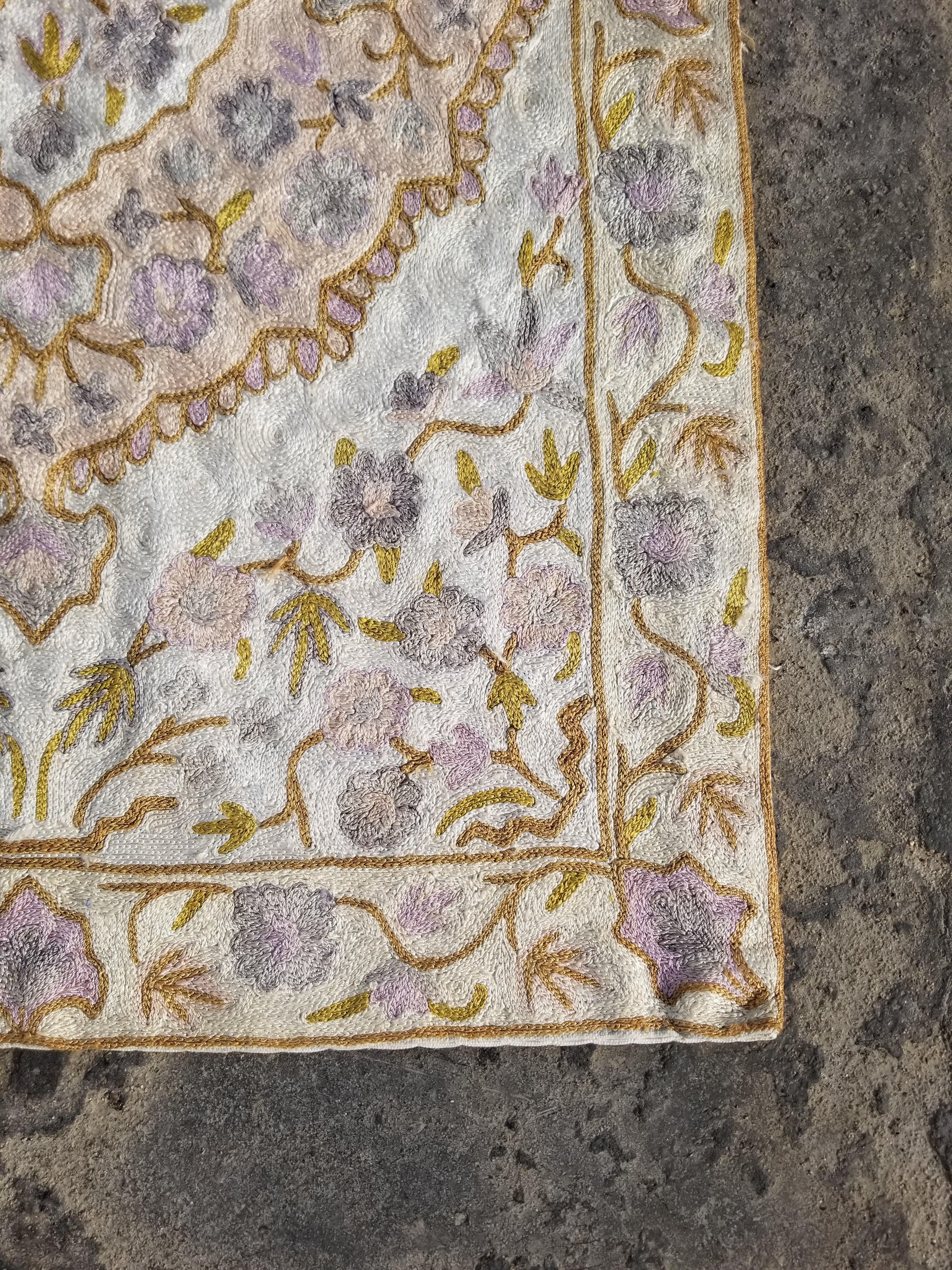 Vintage Handmade Kashmiri Floral Chain-Stitch Decor Silk Rug 34x22in