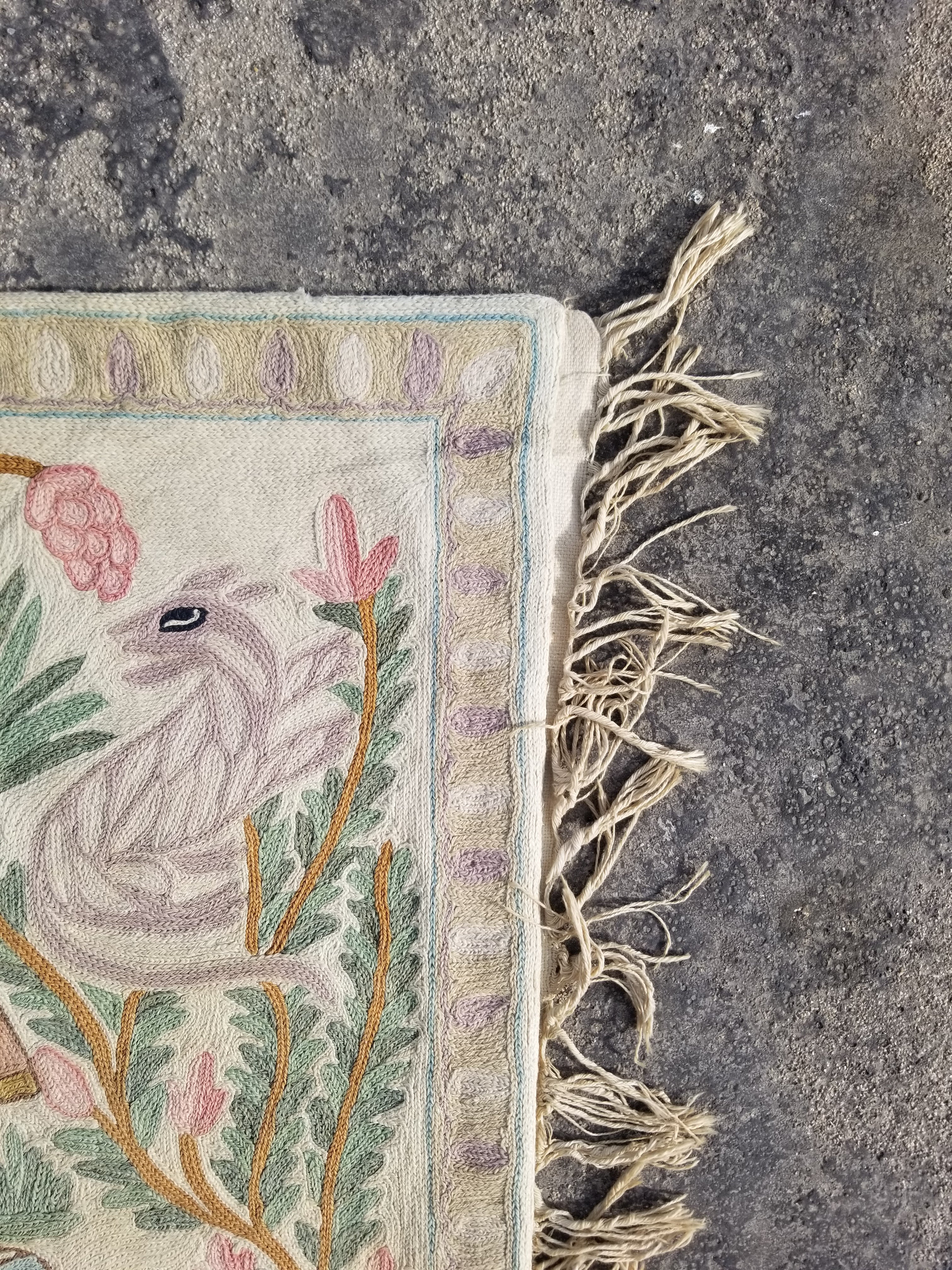 Vintage Handmade Kashmiri Hunting Chain-Stitch Decor Silk Tapestry 35x23in