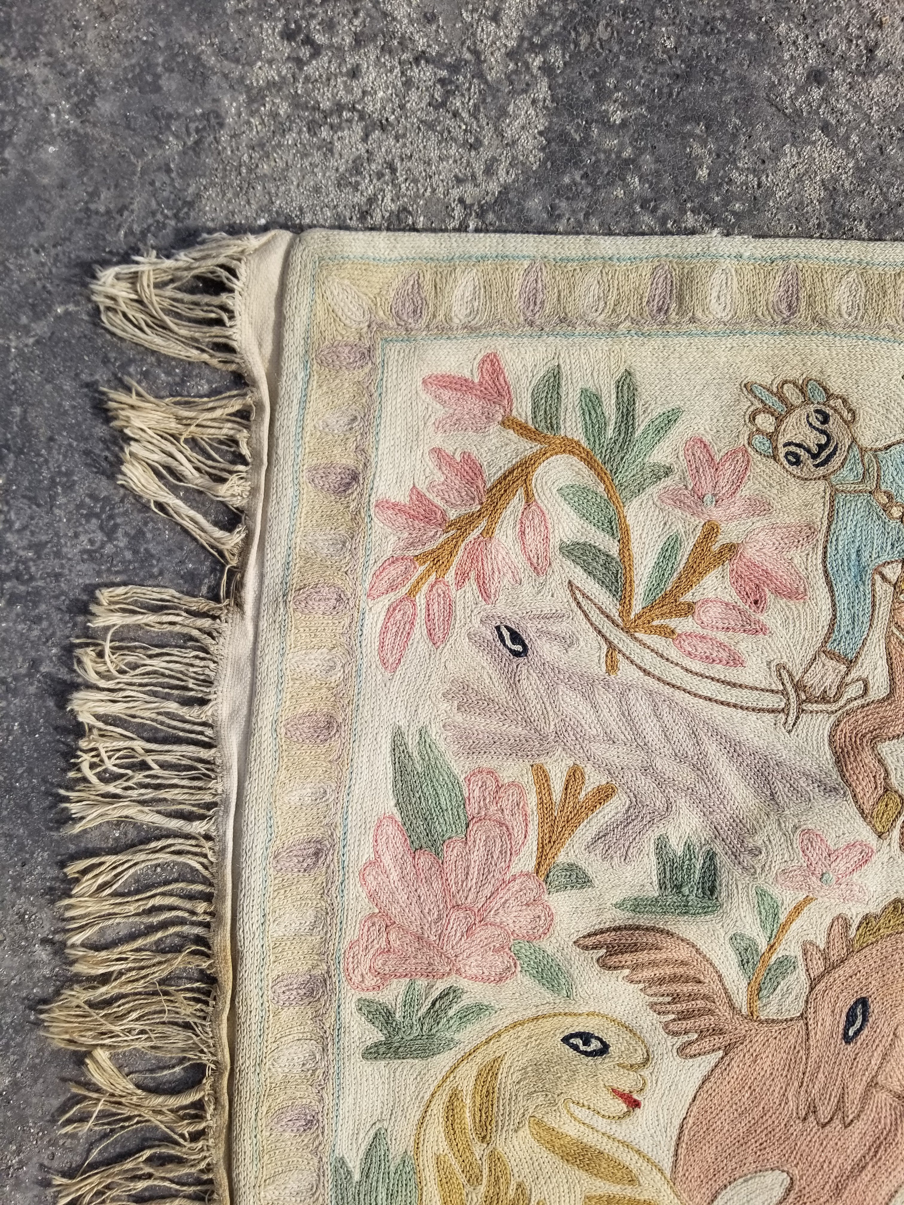 Vintage Handmade Kashmiri Hunting Chain-Stitch Decor Silk Tapestry 35x23in