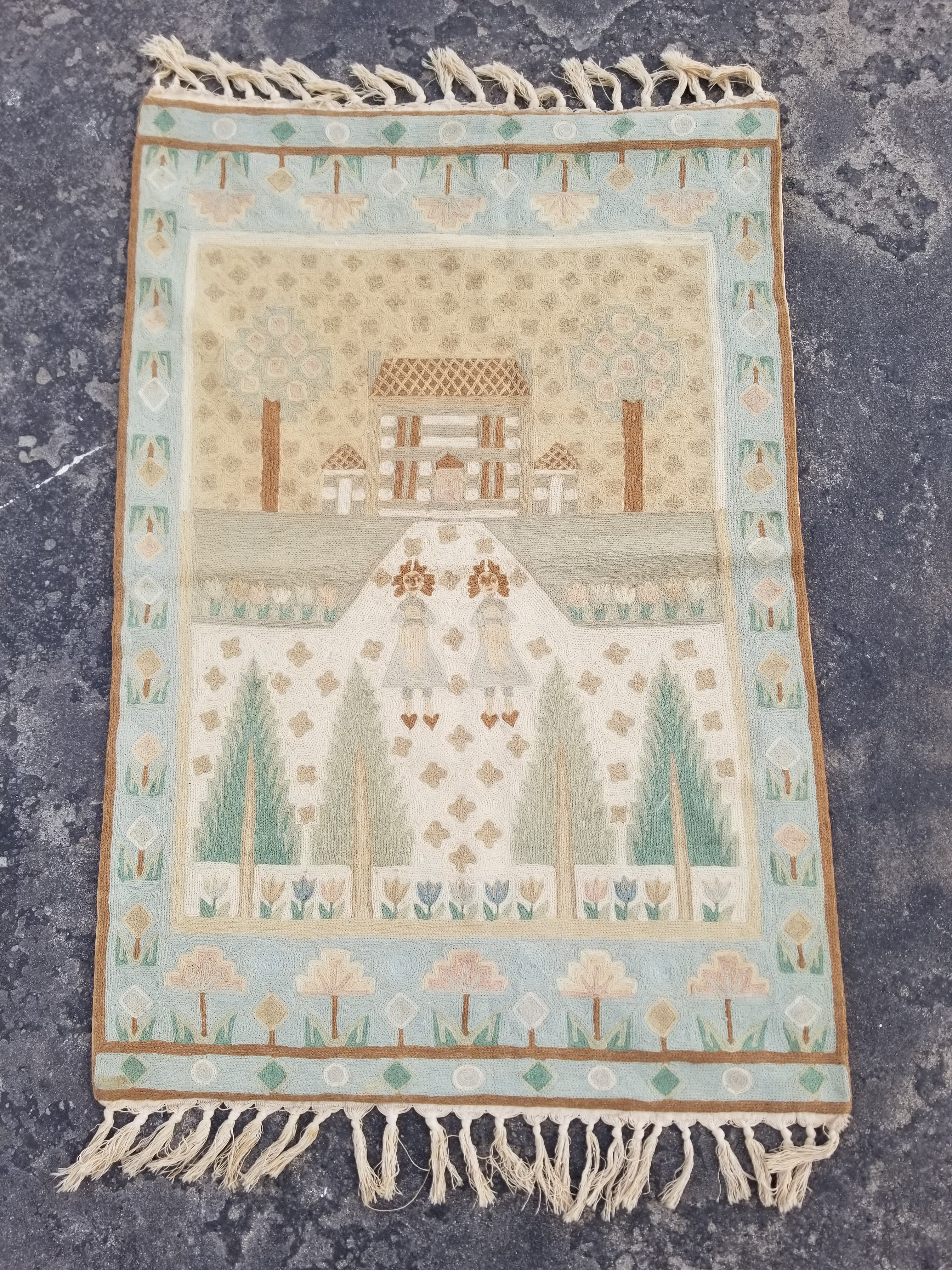 Vintage Handmade Kashmiri Folk Scene Chain-Stitch Wool Tapestry Rug 91x61cm