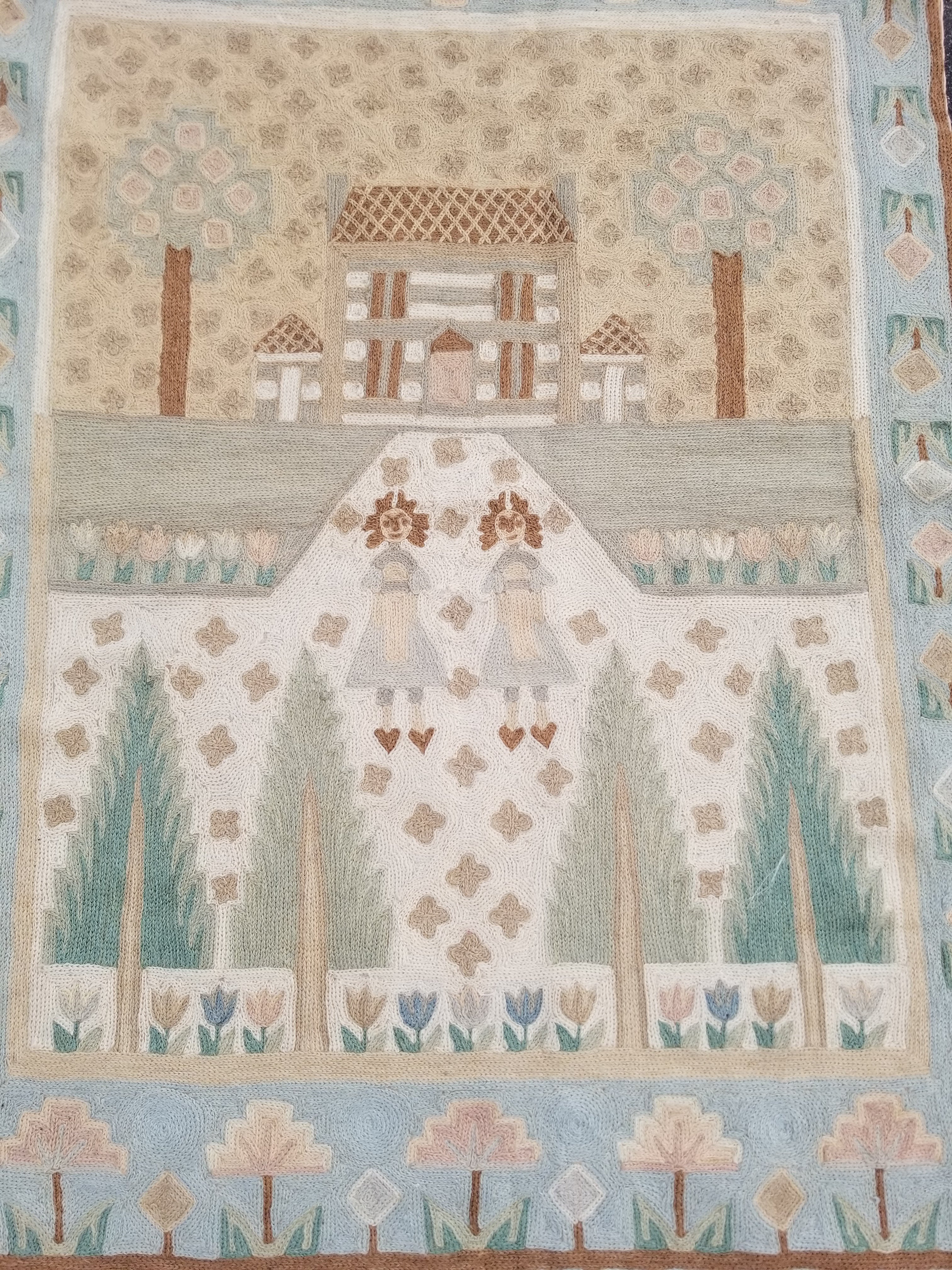 Vintage Handmade Kashmiri Folk Scene Chain-Stitch Wool Tapestry Rug 91x61cm