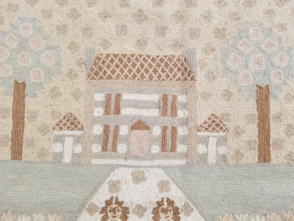 Vintage Handmade Kashmiri Folk Scene Chain-Stitch Wool Tapestry Rug 91x61cm