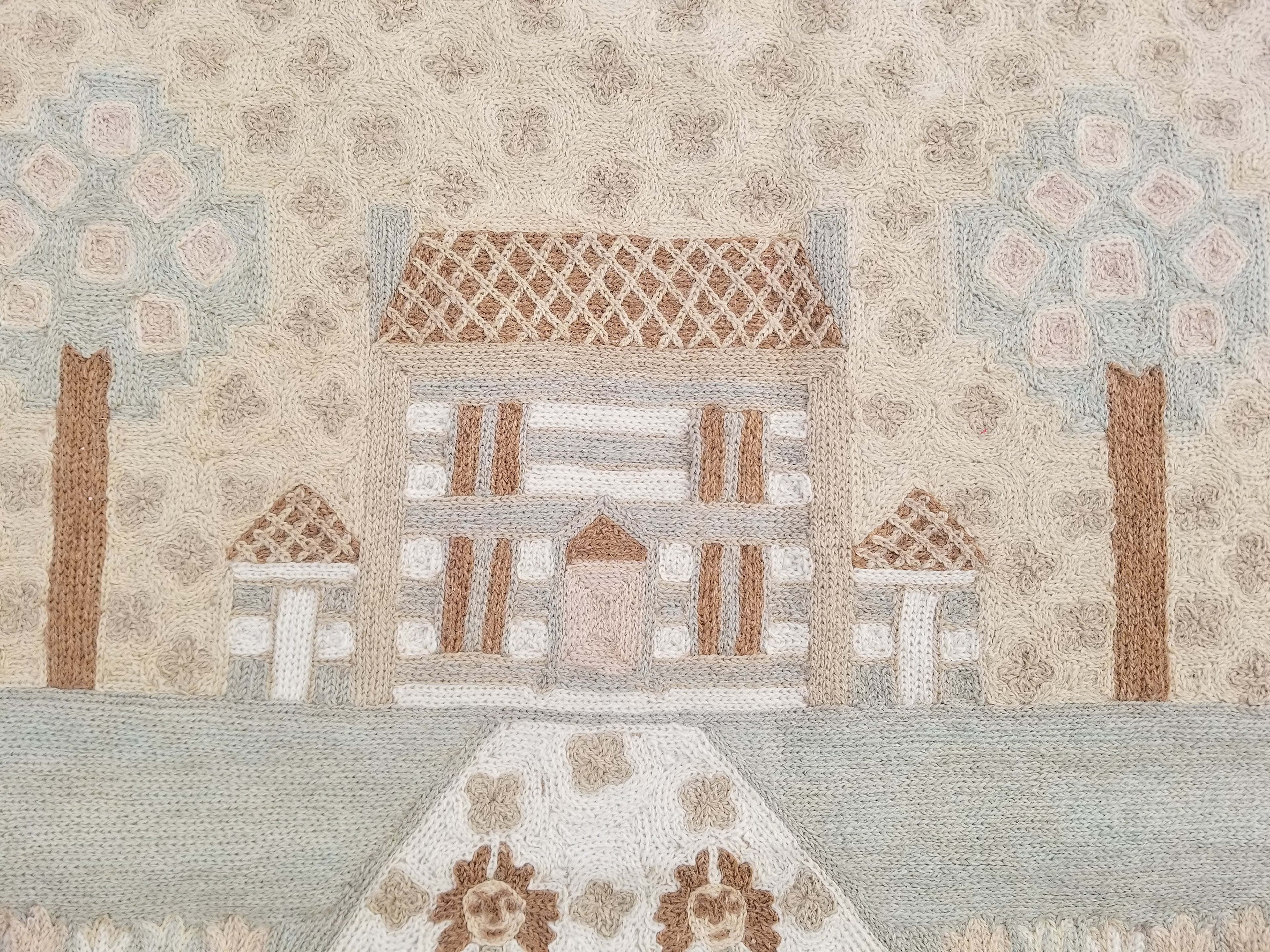 Vintage Handmade Kashmiri Folk Scene Chain-Stitch Wool Tapestry Rug 91x61cm
