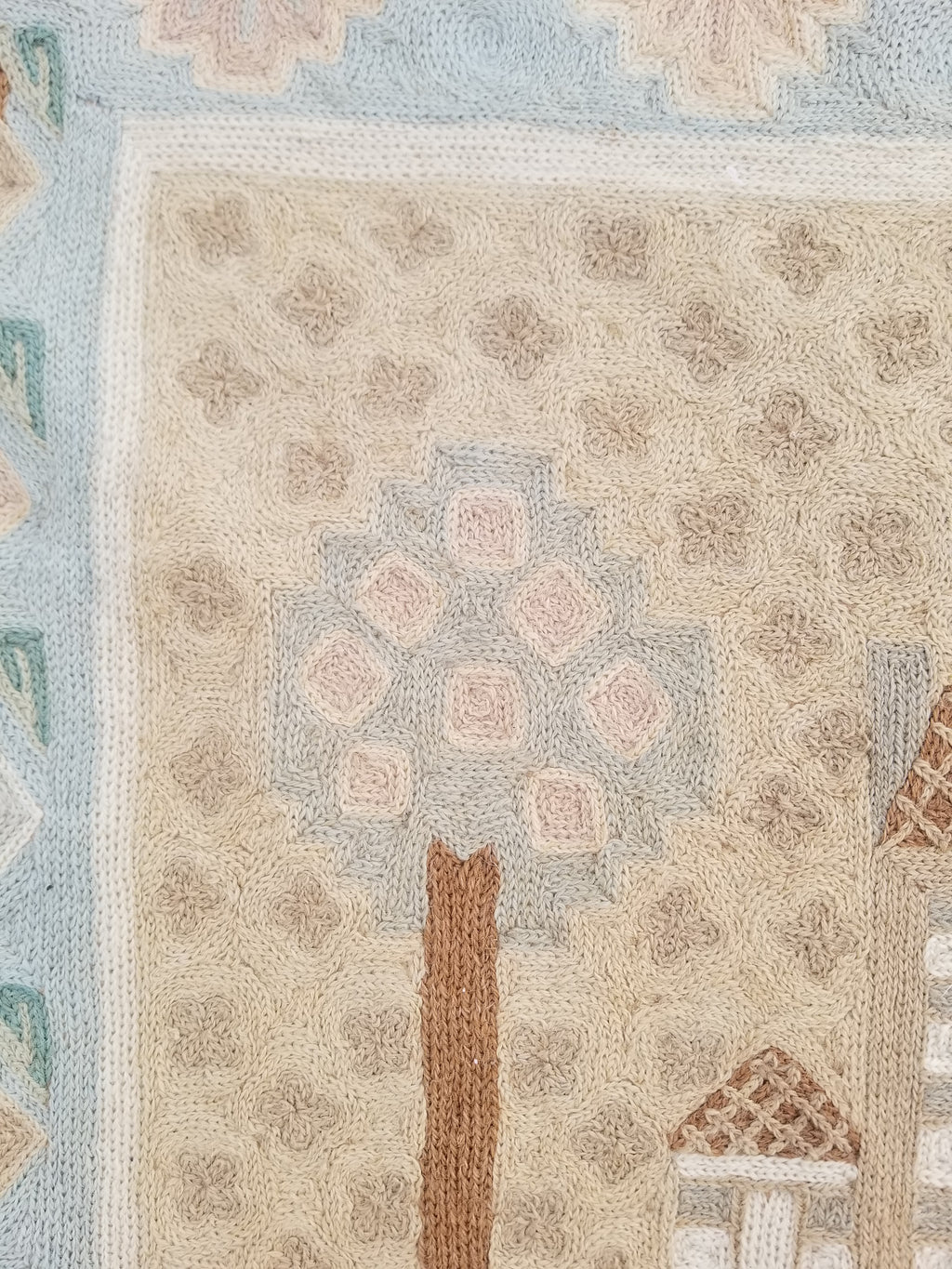 Vintage Handmade Kashmiri Folk Scene Chain-Stitch Wool Tapestry Rug 91x61cm