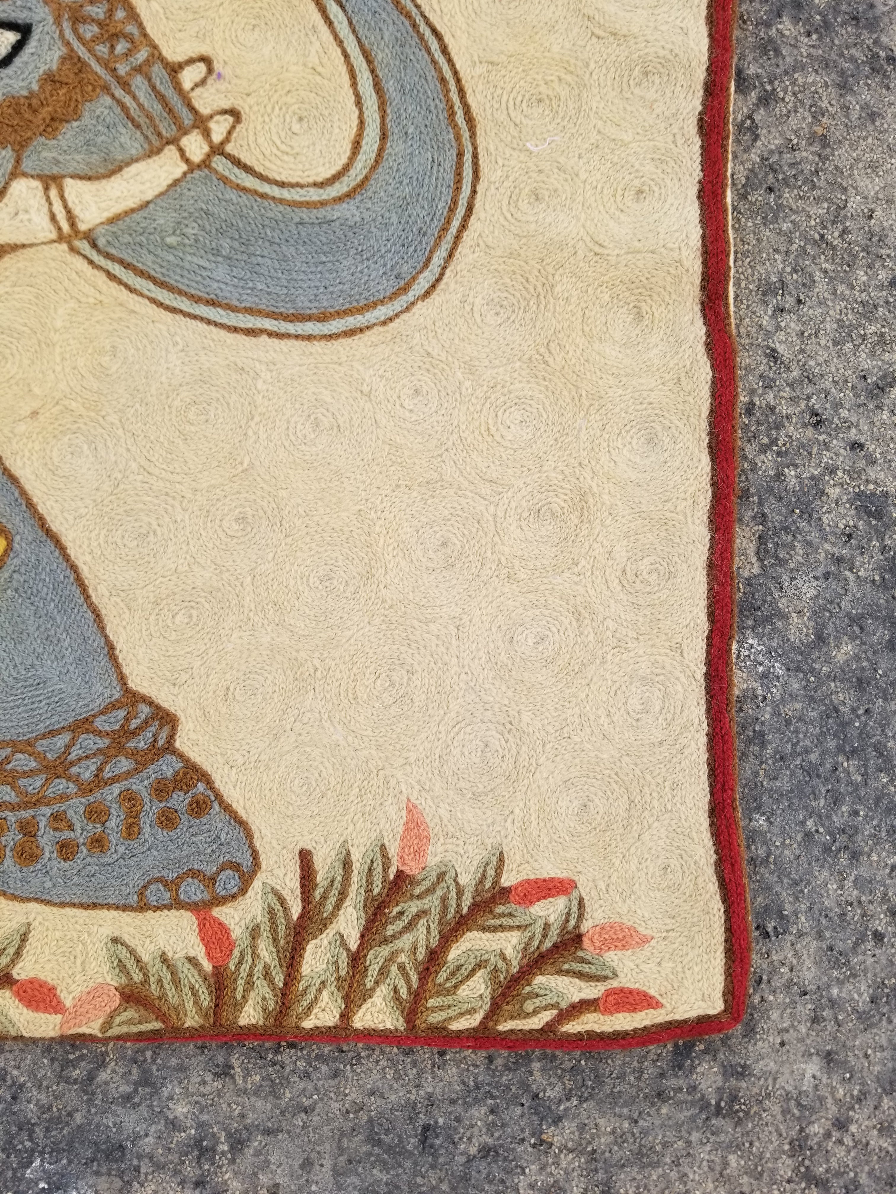 Vintage Handmade Kashmiri Elephant Chain-Stitch Decor Wool Tapestry 31x20in