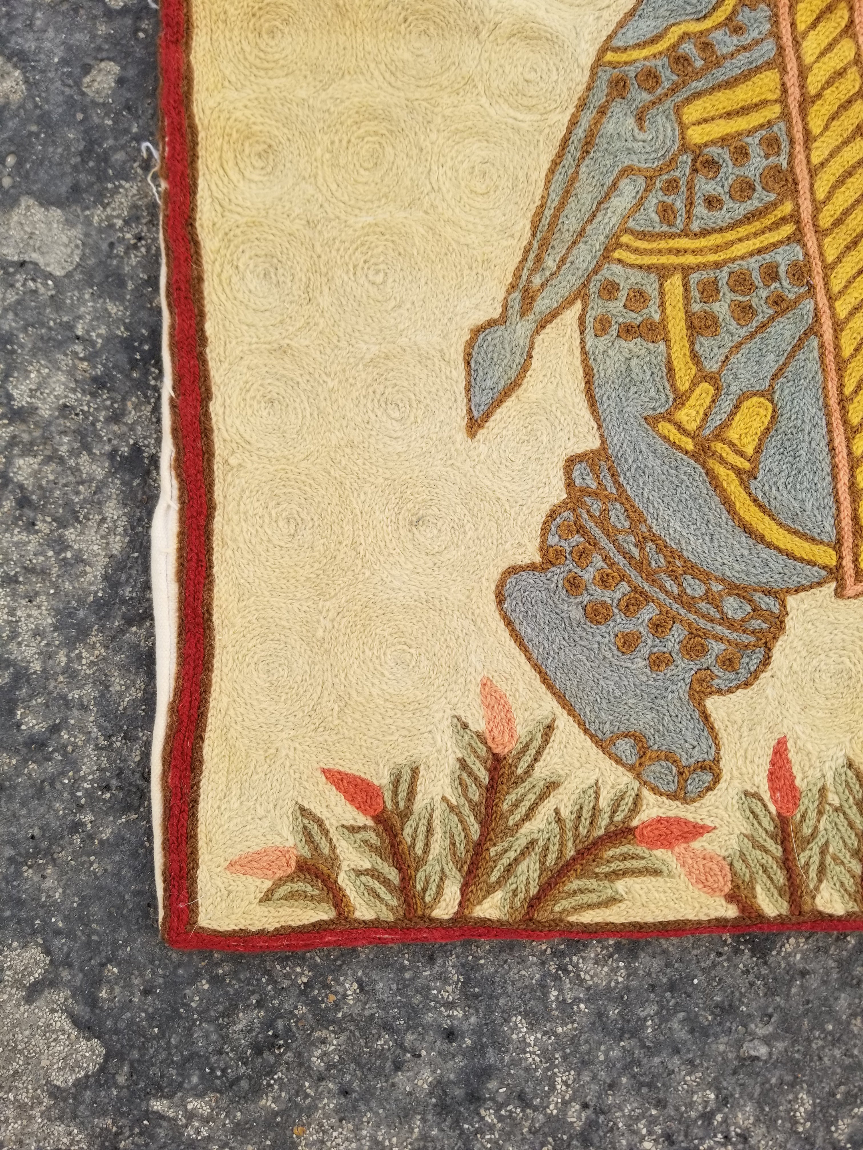 Vintage Handmade Kashmiri Elephant Chain-Stitch Decor Wool Tapestry 31x20in