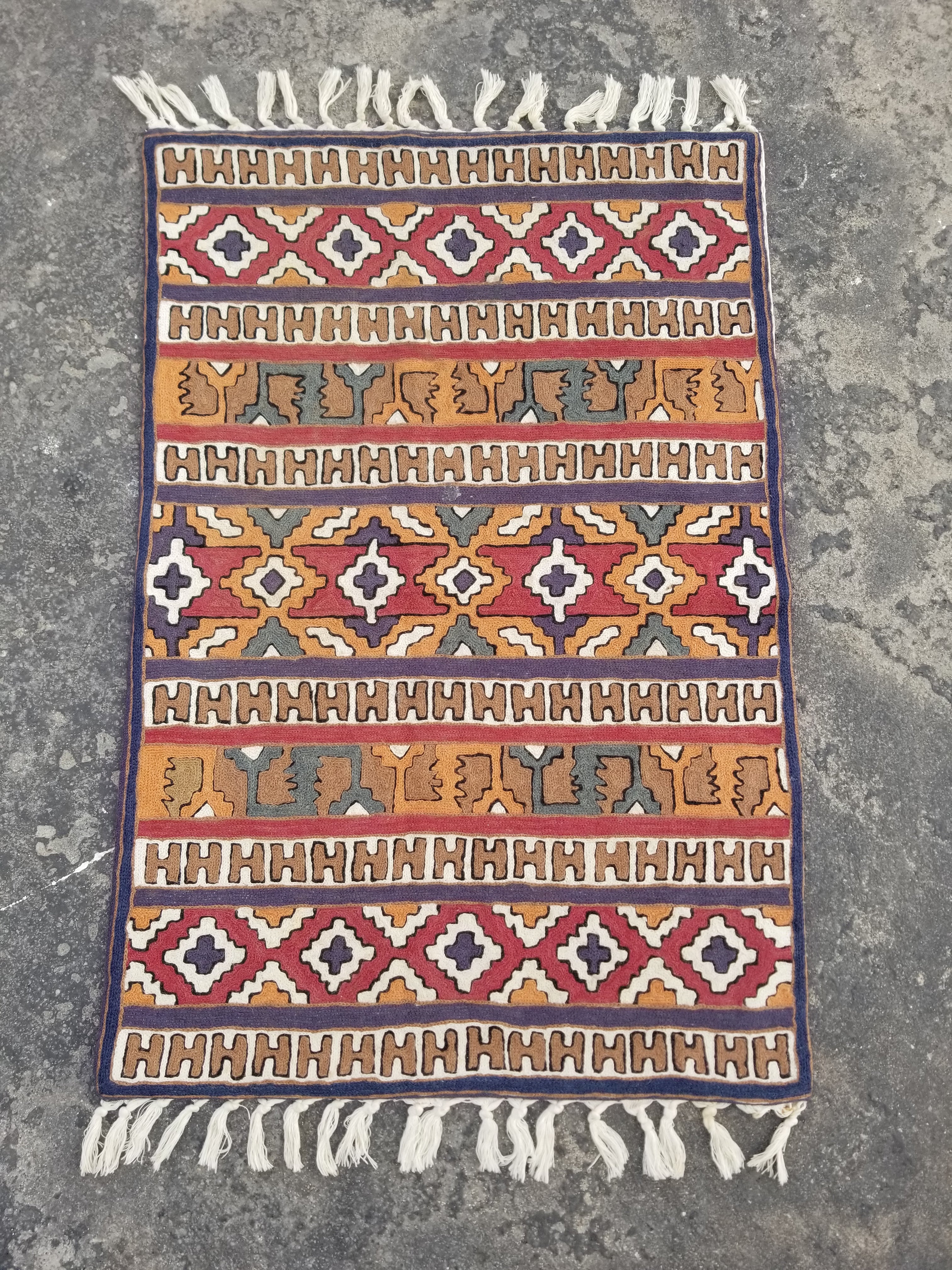 Vintage Handmade Kashmiri Geometric Chain-Stitch Decor Wool Tapestry 36x24in