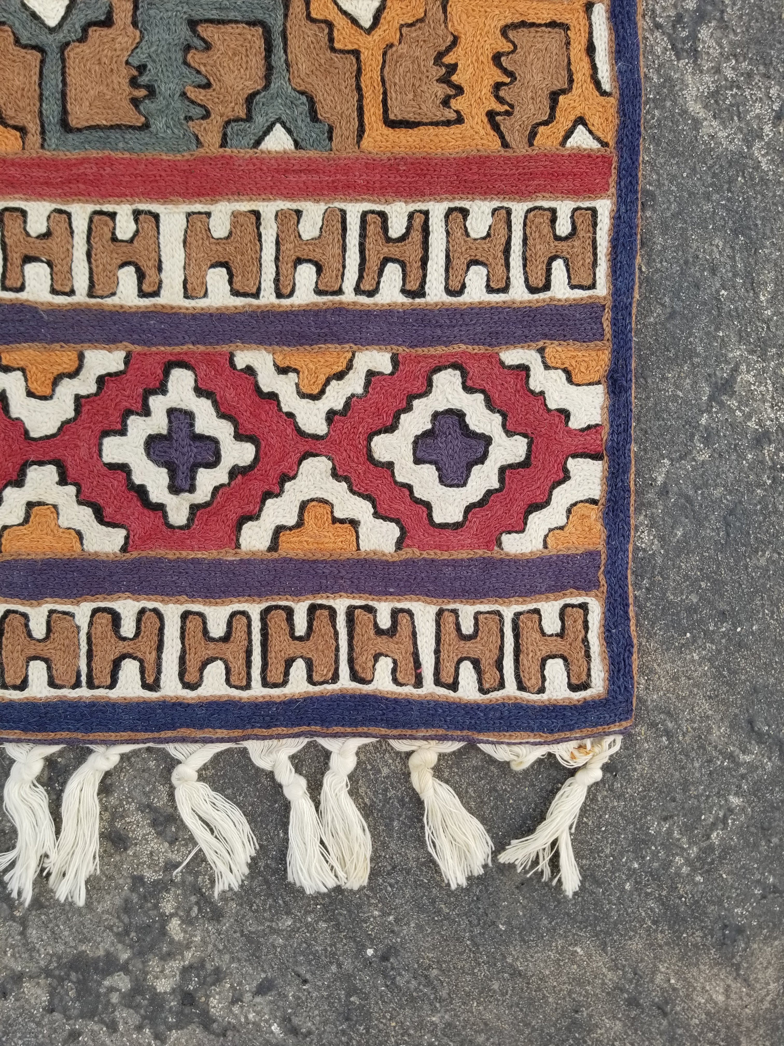 Vintage Handmade Kashmiri Geometric Chain-Stitch Decor Wool Tapestry 36x24in