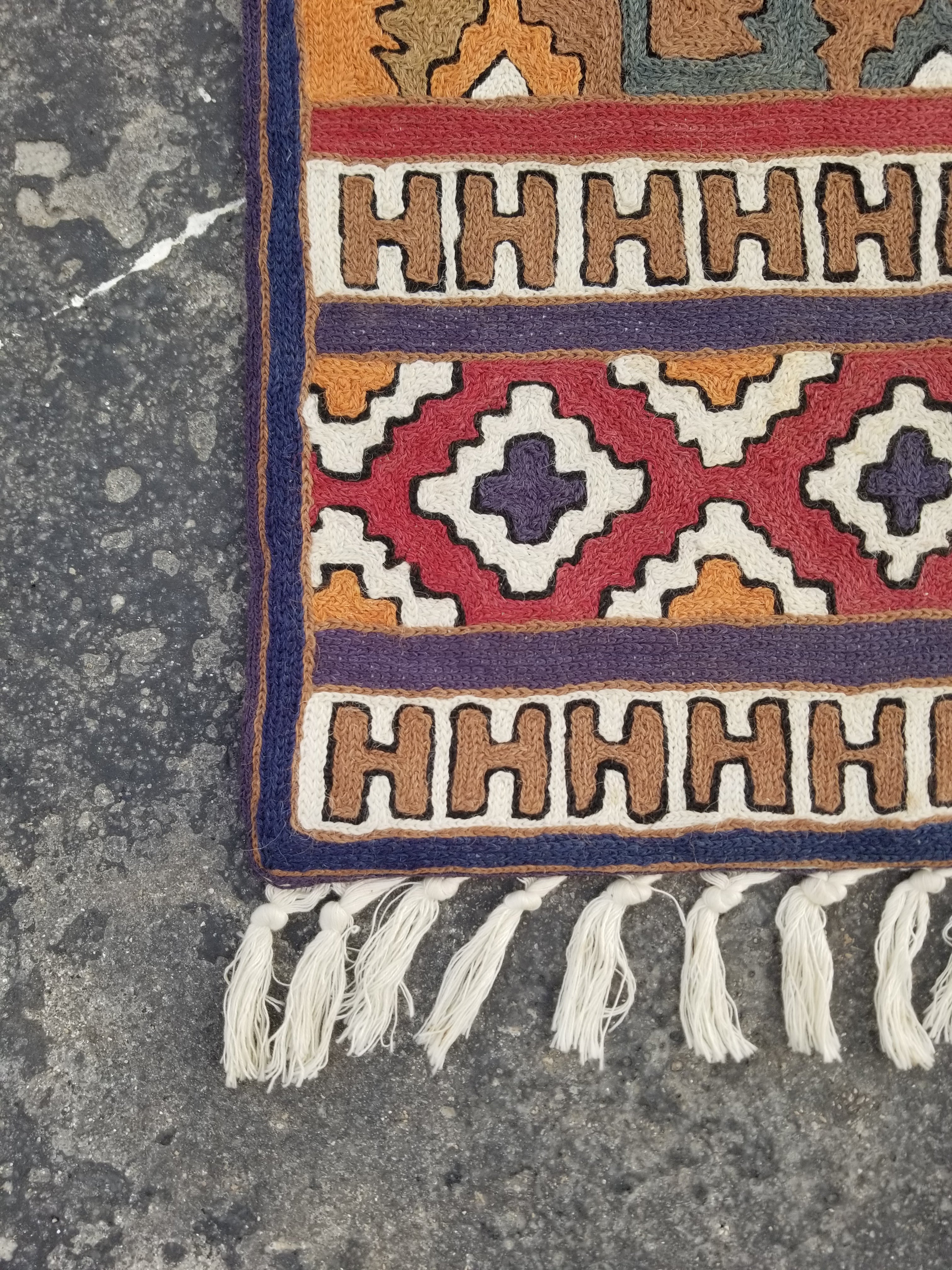 Vintage Handmade Kashmiri Geometric Chain-Stitch Decor Wool Tapestry 36x24in