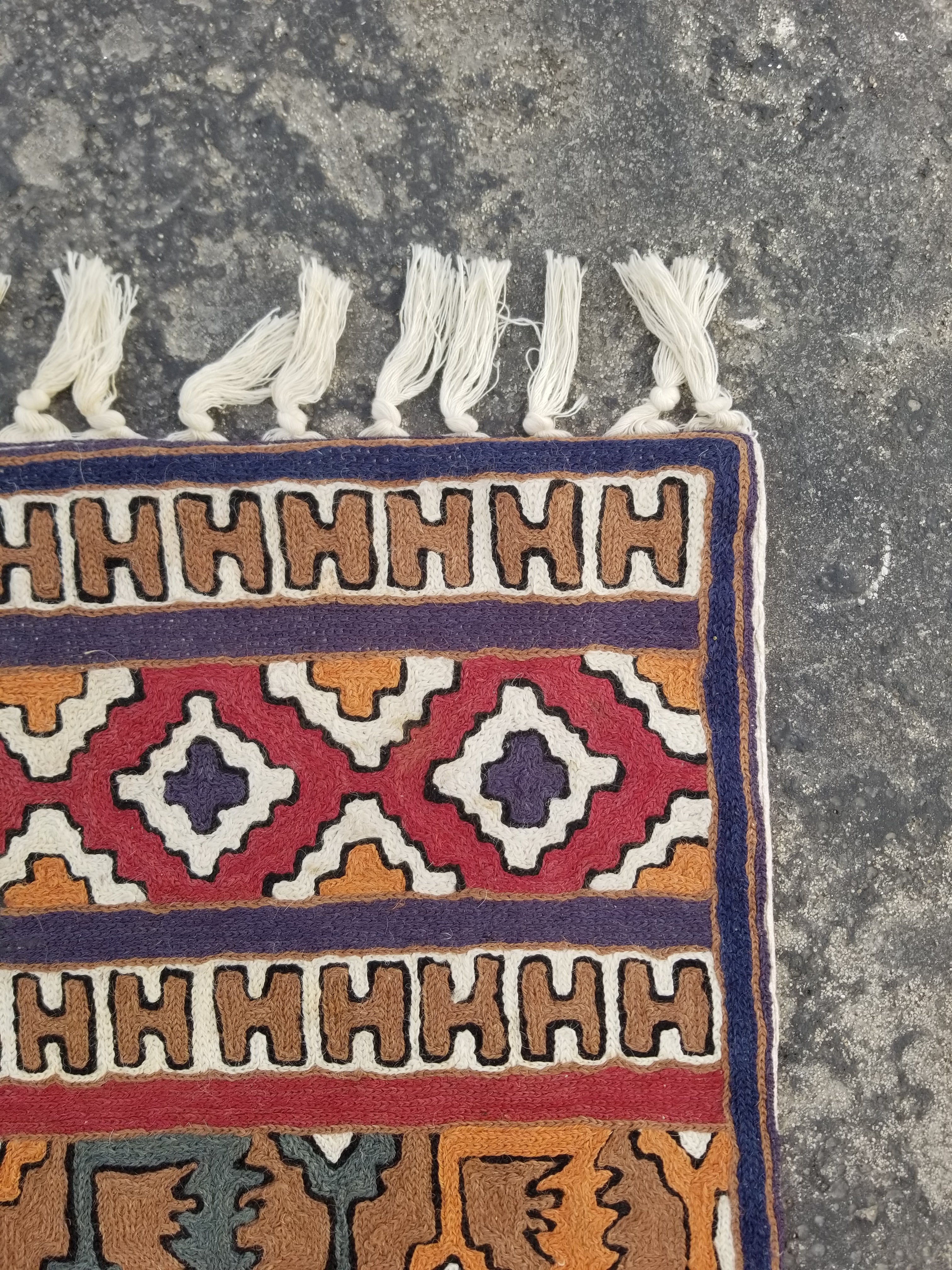 Vintage Handmade Kashmiri Geometric Chain-Stitch Decor Wool Tapestry 36x24in